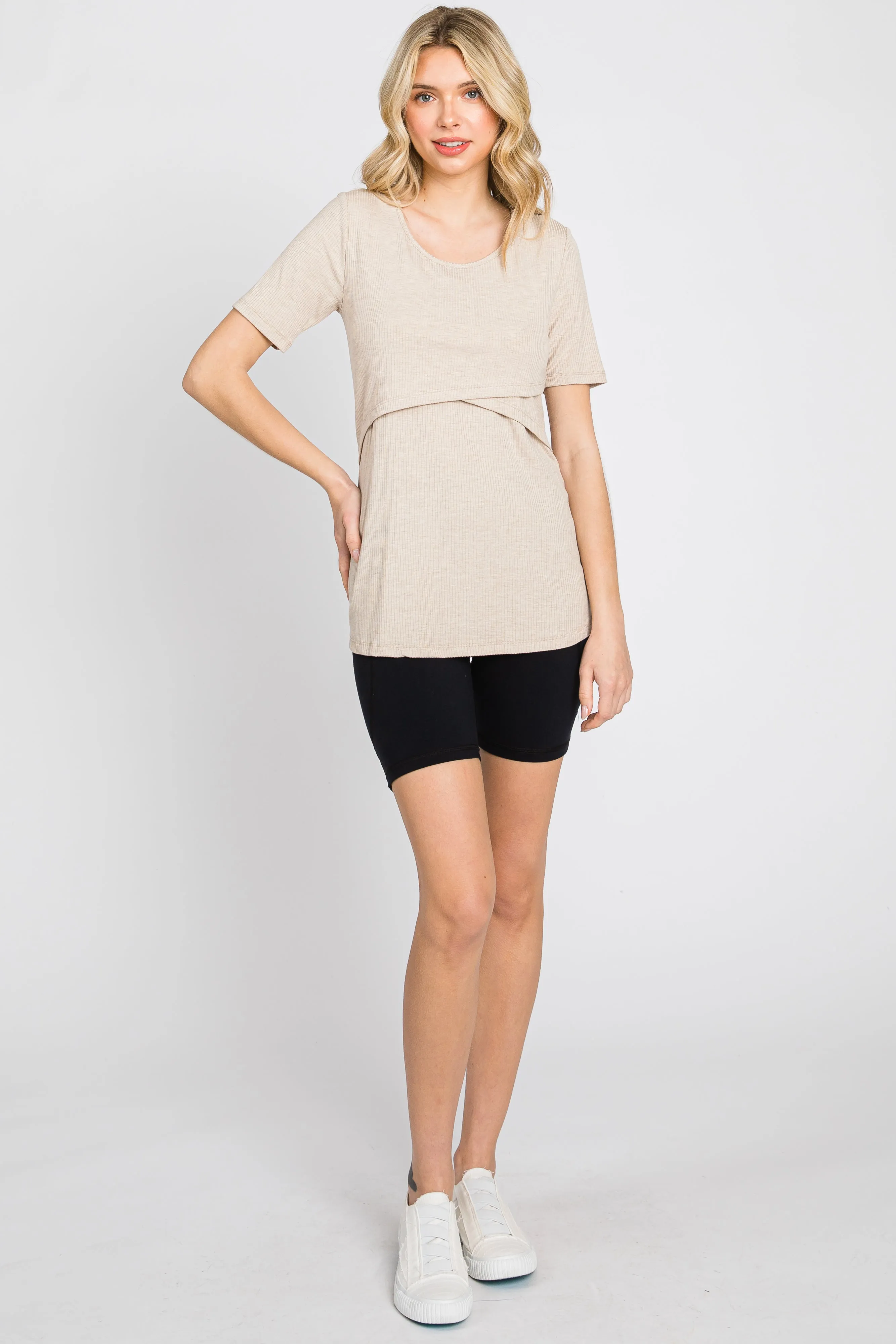 Beige Ribbed Wrap Front Nursing Top sold by Pinkblush product image thumbnail 3
