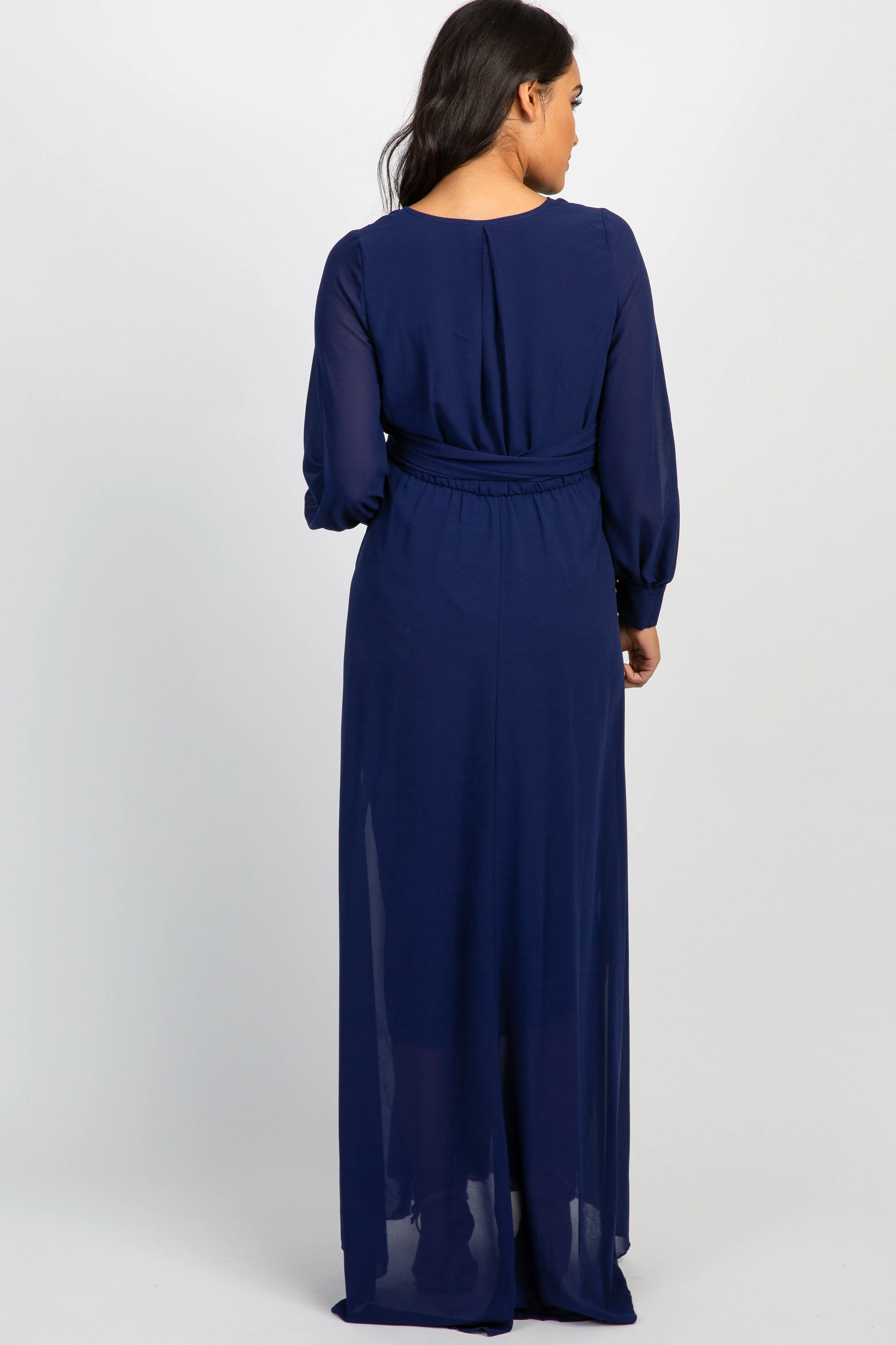 Navy Chiffon Long Sleeve Pleated Maternity Maxi Dress sold by Pinkblush product image thumbnail 3