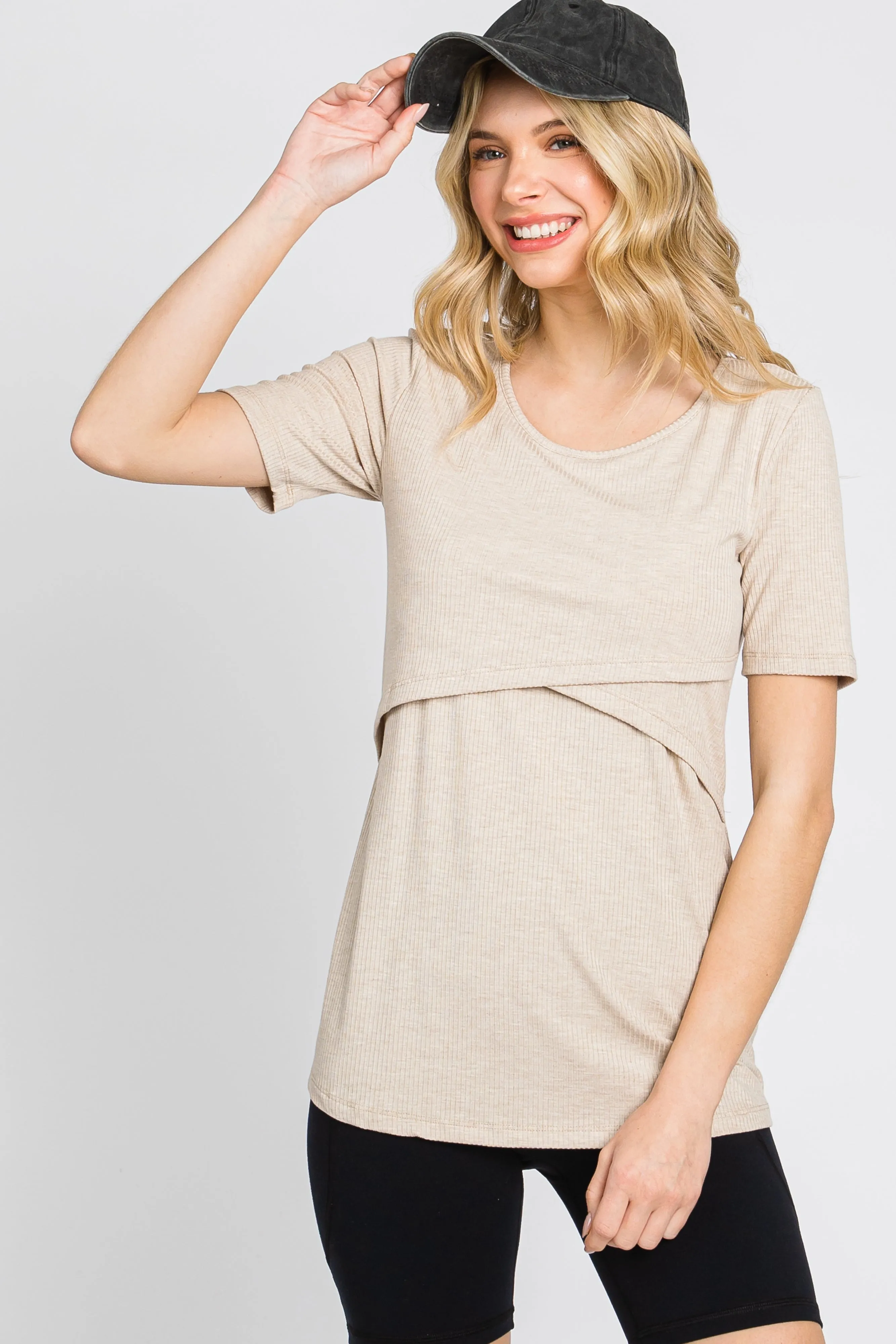 Beige Ribbed Wrap Front Nursing Top sold by Pinkblush