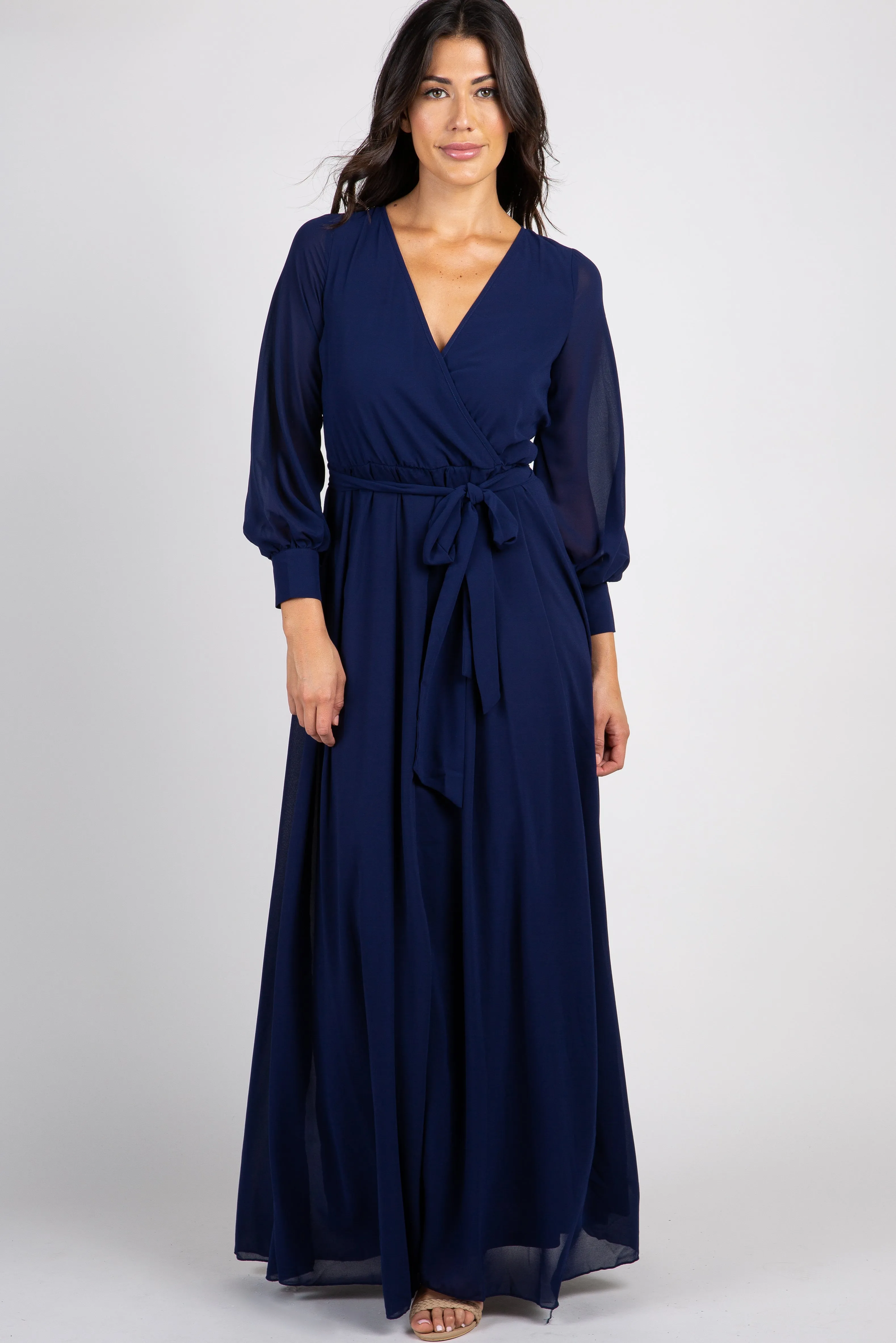 Navy Chiffon Long Sleeve Pleated Maternity Maxi Dress sold by Pinkblush product image thumbnail 4