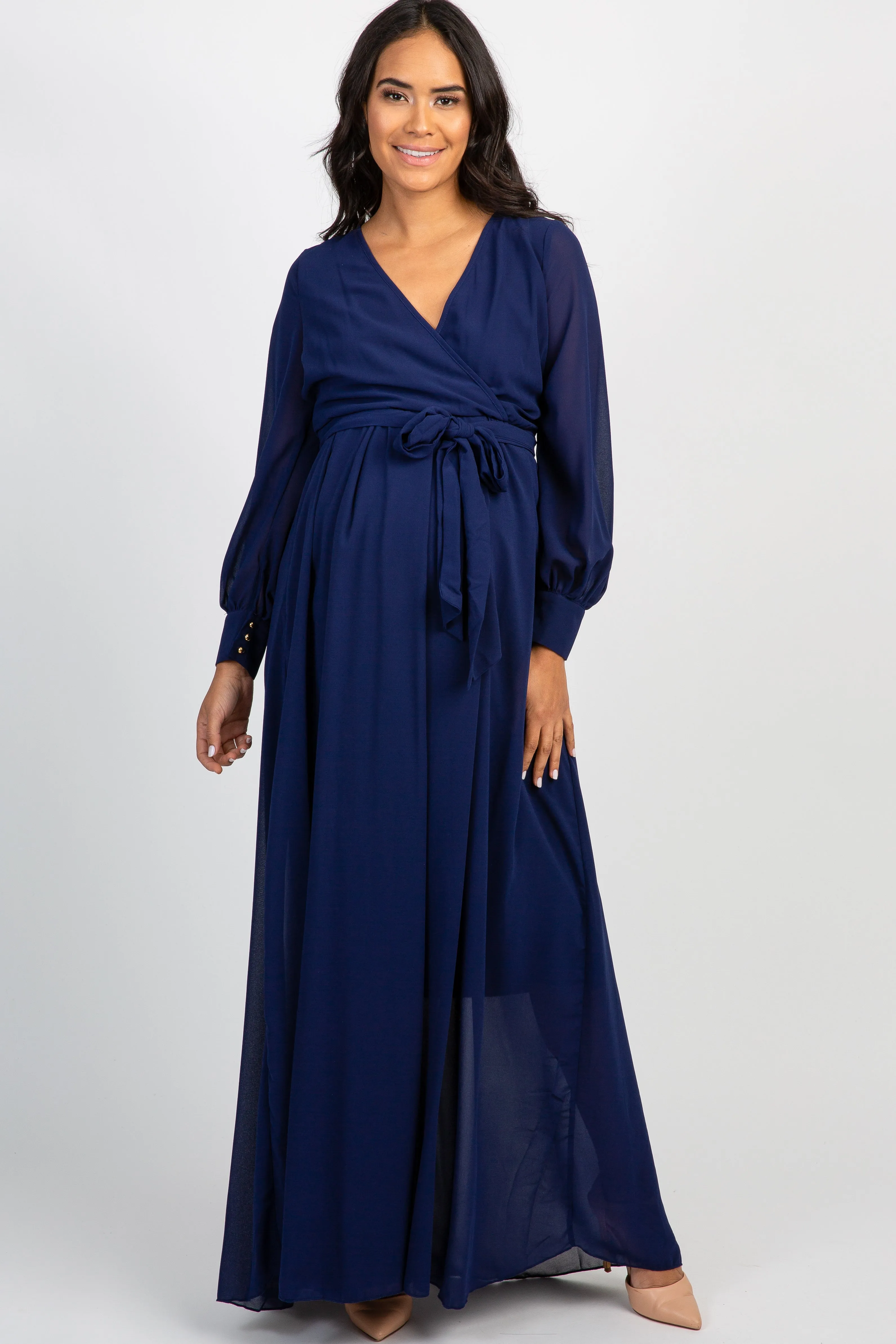 Navy Chiffon Long Sleeve Pleated Maternity Maxi Dress sold by Pinkblush