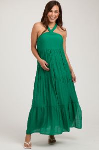 Emerald Halter Tiered Maternity Maxi Dress sold by Pinkblush