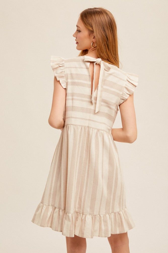 Taupe Flutter Ribbon Tie Back Tiered Stripe Mini Dress sold by Pinkblush product image thumbnail 4
