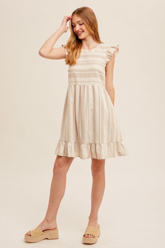 Taupe Flutter Ribbon Tie Back Tiered Stripe Mini Dress sold by Pinkblush