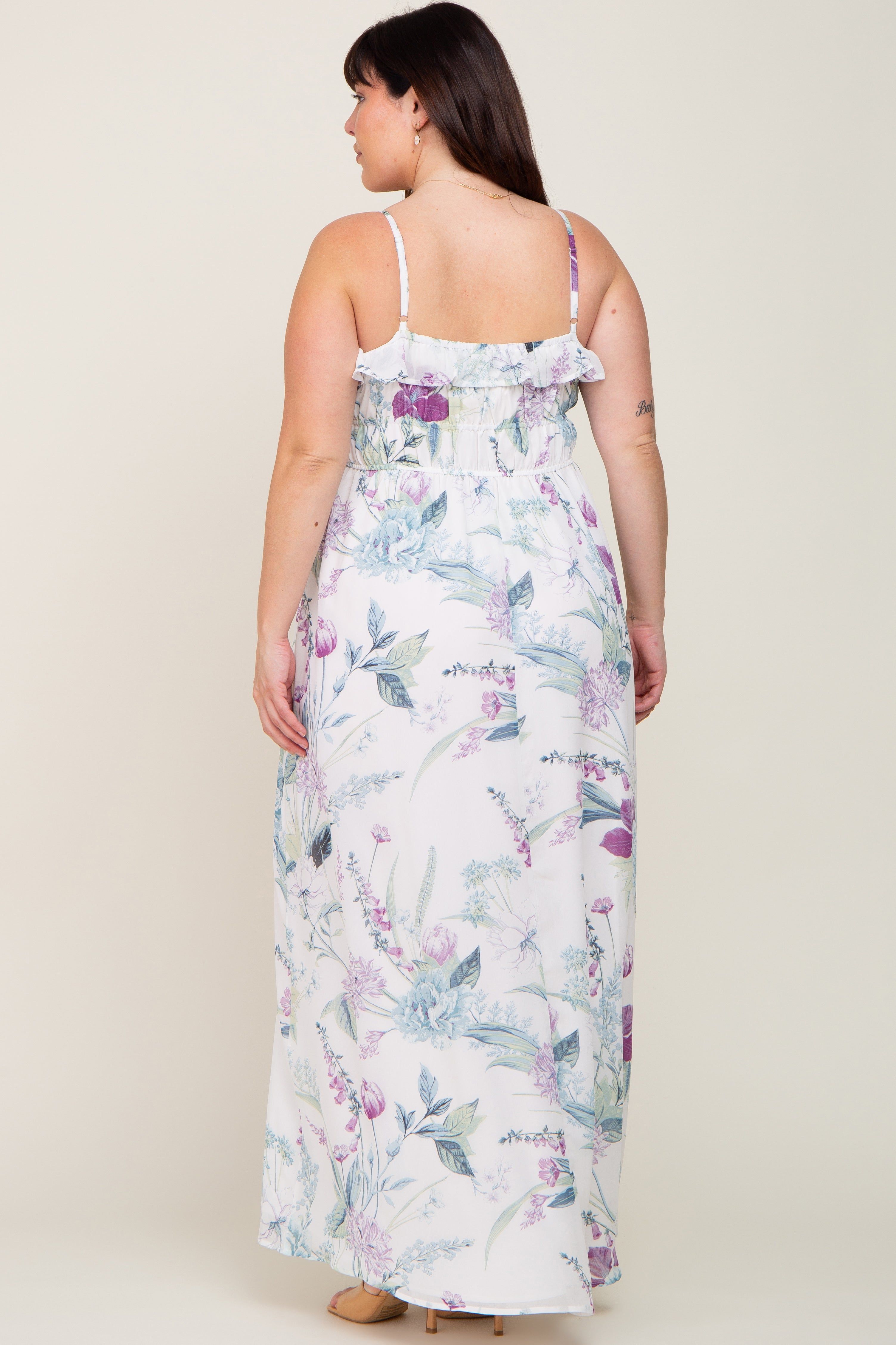 White Floral Sleeveless Ruffle Plus Maxi Dress sold by Pinkblush product image thumbnail 3