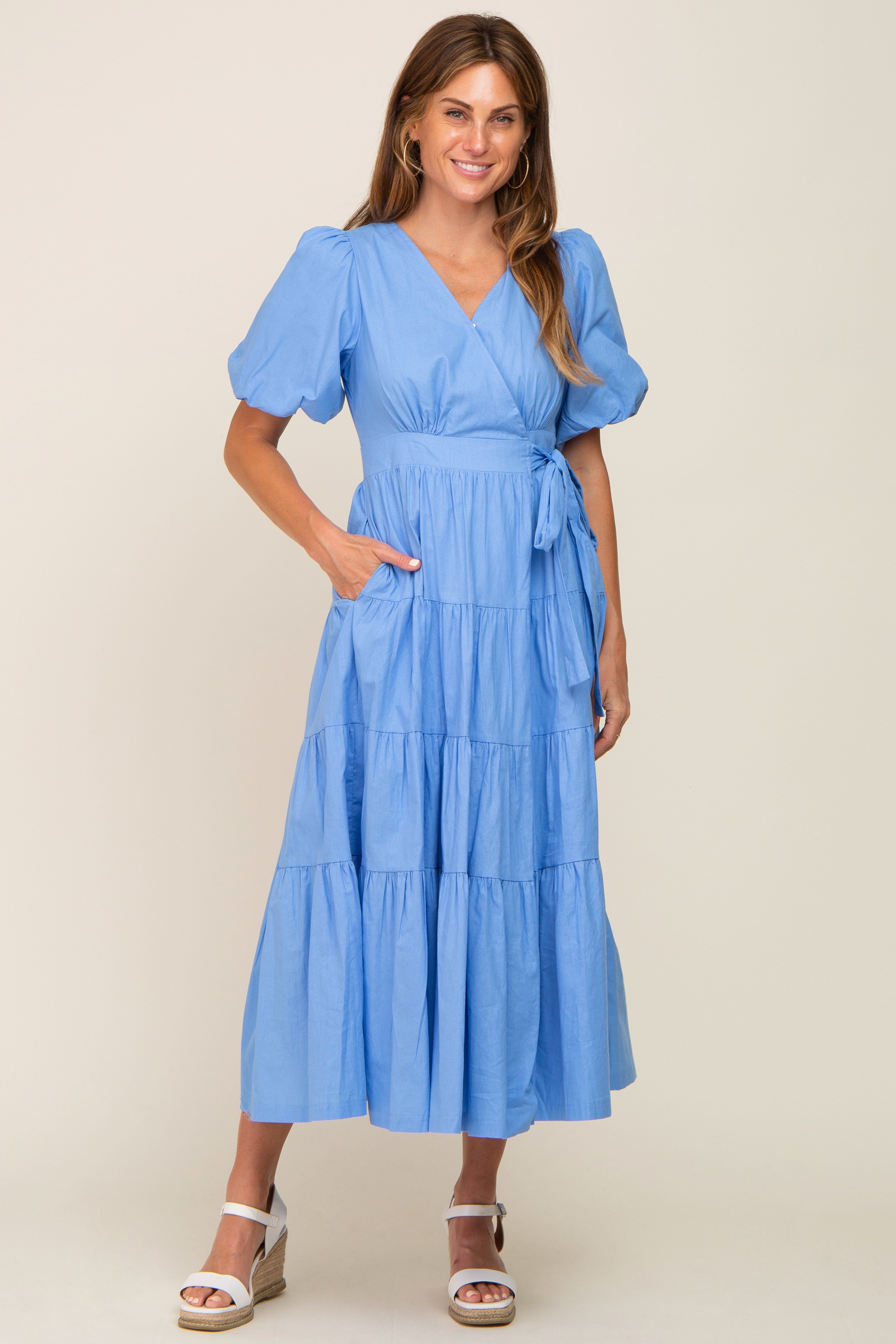 Blue Linen Wrap V-Neck Short Sleeve Tiered Midi Dress sold by Pinkblush product image thumbnail 5