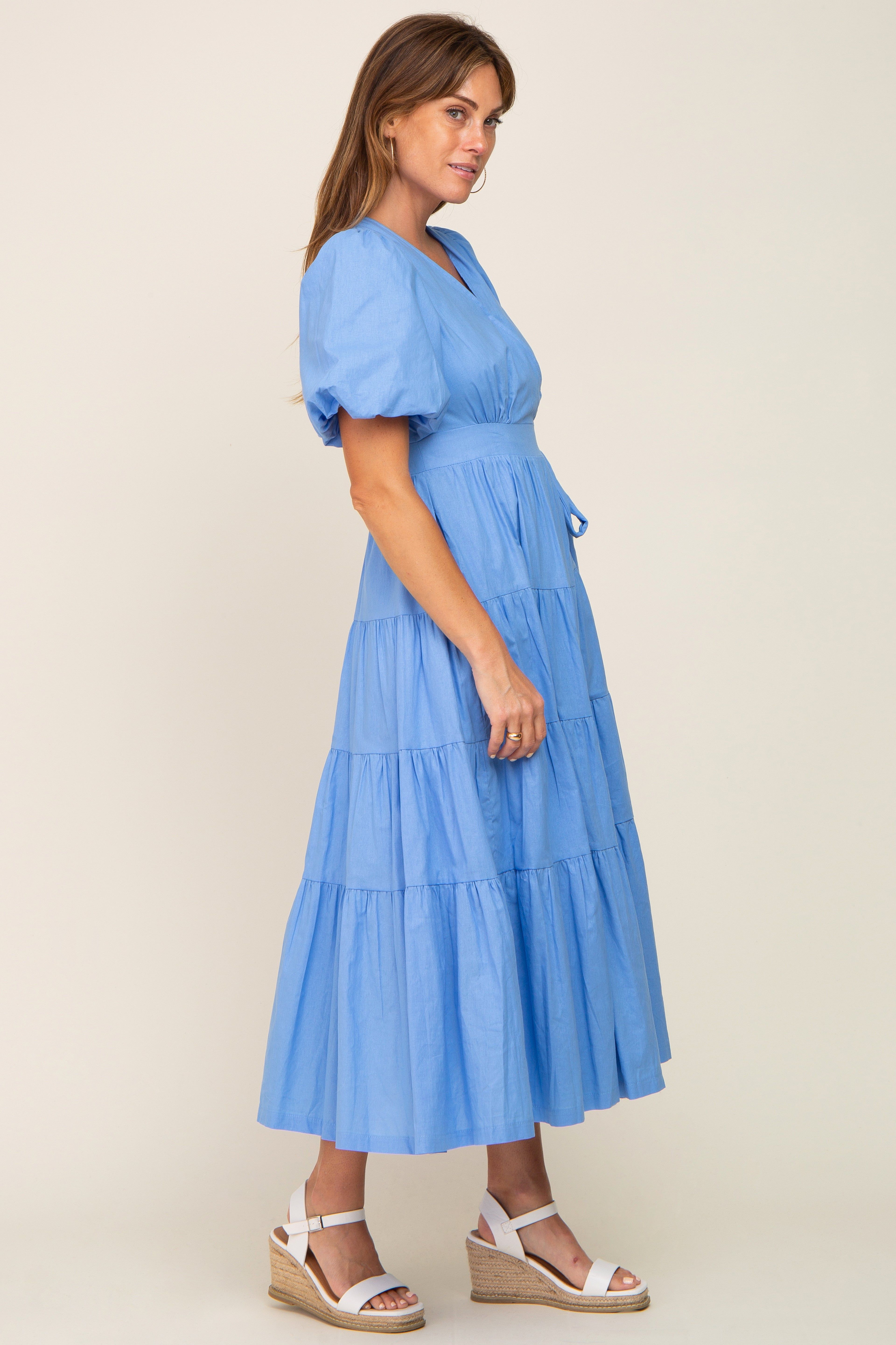 Blue Linen Wrap V-Neck Short Sleeve Tiered Midi Dress sold by Pinkblush product image thumbnail 2