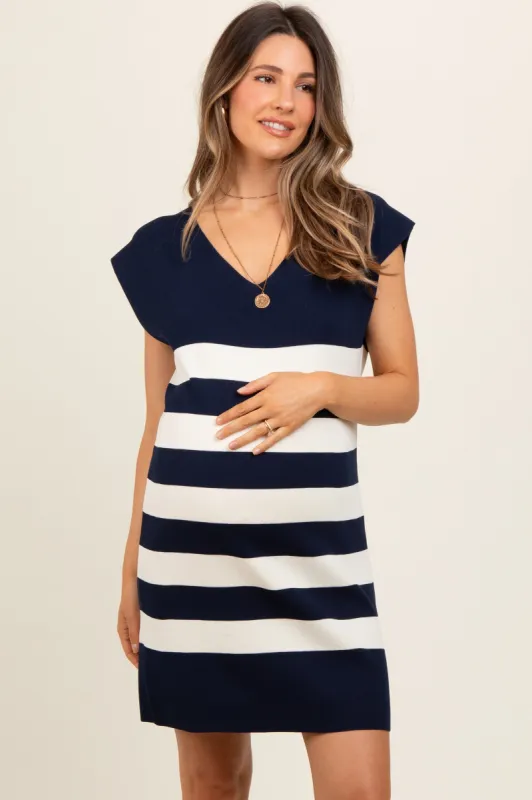 Navy Striped Knit Sleeveless Maternity Dress sold by Pinkblush