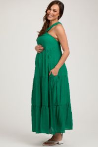 Emerald Halter Tiered Maternity Maxi Dress sold by Pinkblush