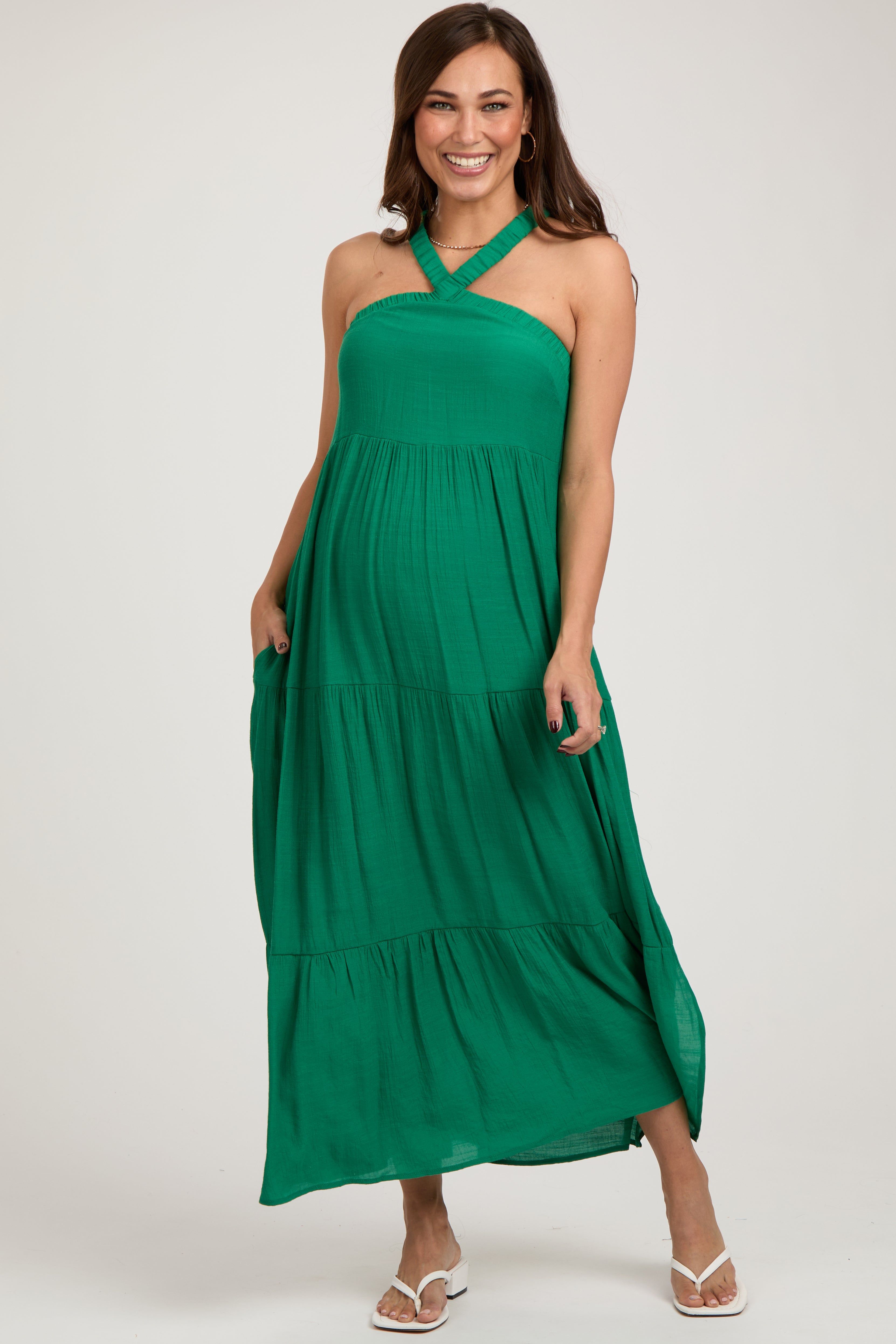 Emerald Halter Tiered Maternity Maxi Dress sold by Pinkblush