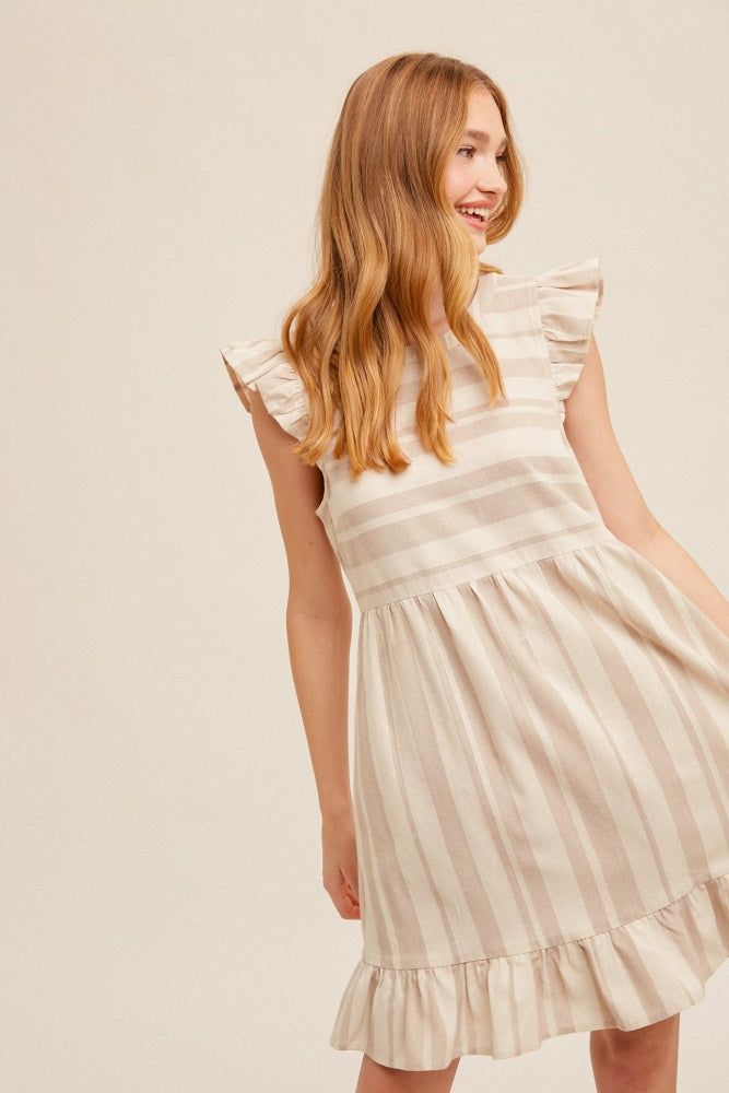 Taupe Flutter Ribbon Tie Back Tiered Stripe Mini Dress sold by Pinkblush product image thumbnail 2