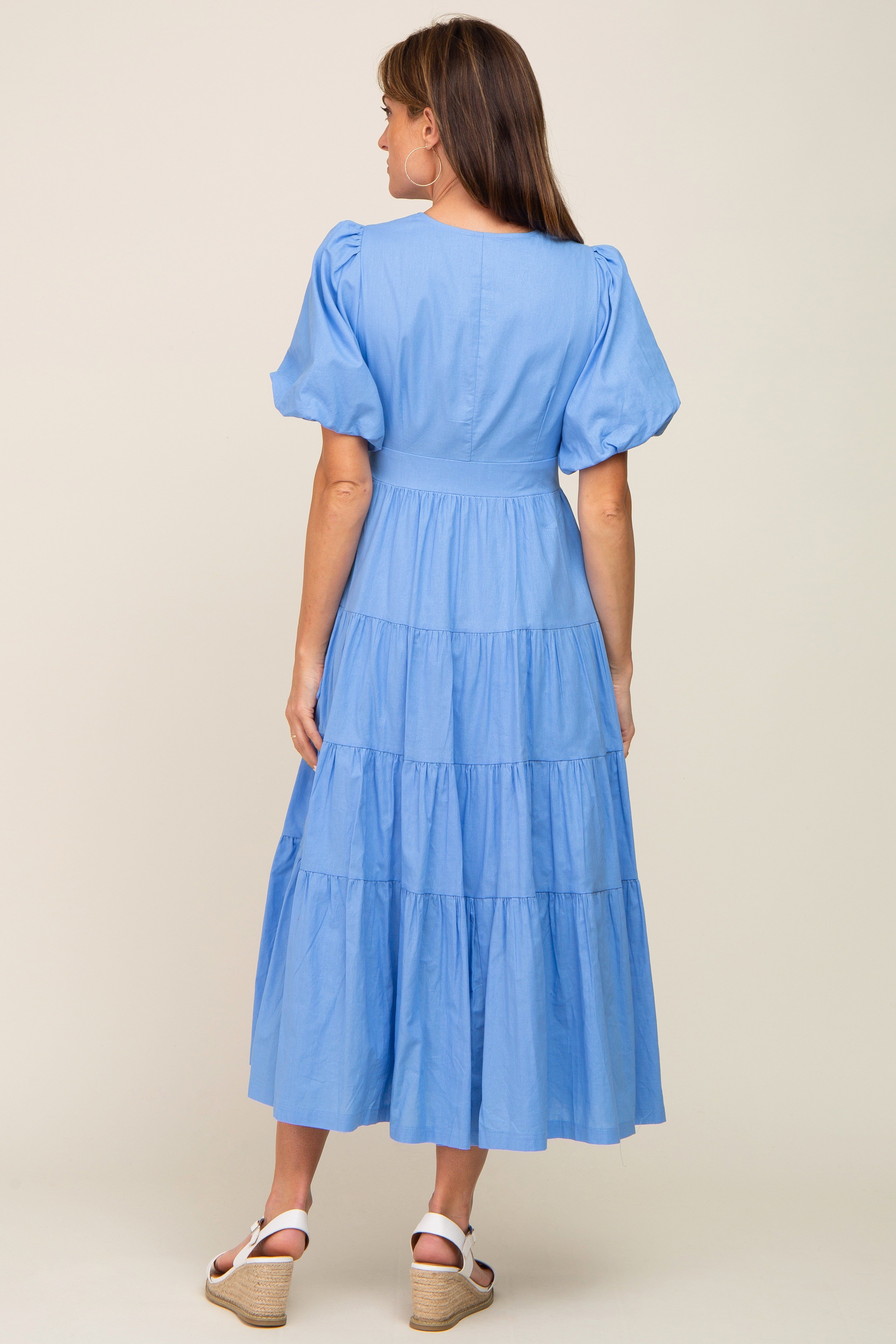 Blue Linen Wrap V-Neck Short Sleeve Tiered Midi Dress sold by Pinkblush product image thumbnail 3