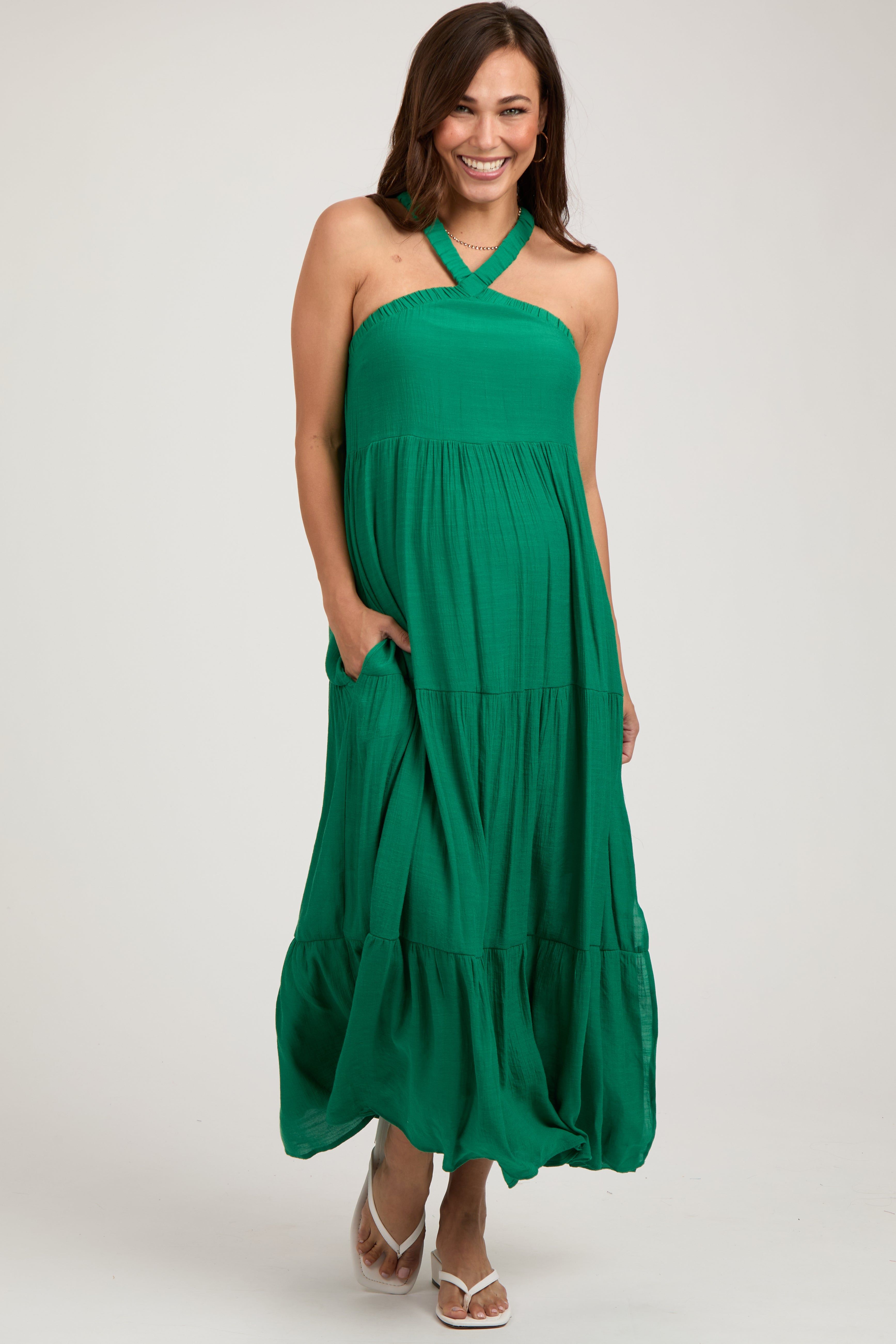 Emerald Halter Tiered Maternity Maxi Dress sold by Pinkblush product image thumbnail 2