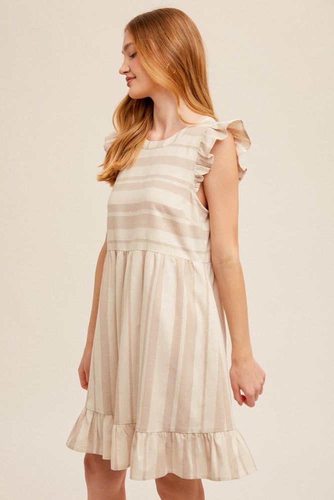 Taupe Flutter Ribbon Tie Back Tiered Stripe Mini Dress sold by Pinkblush product image thumbnail 3
