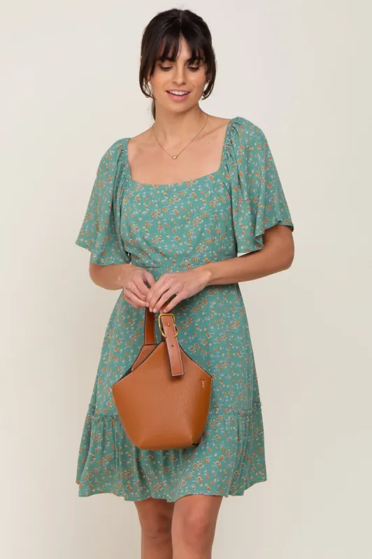 Green Floral Square Neck Smocked Open Back Dress sold by Pinkblush
