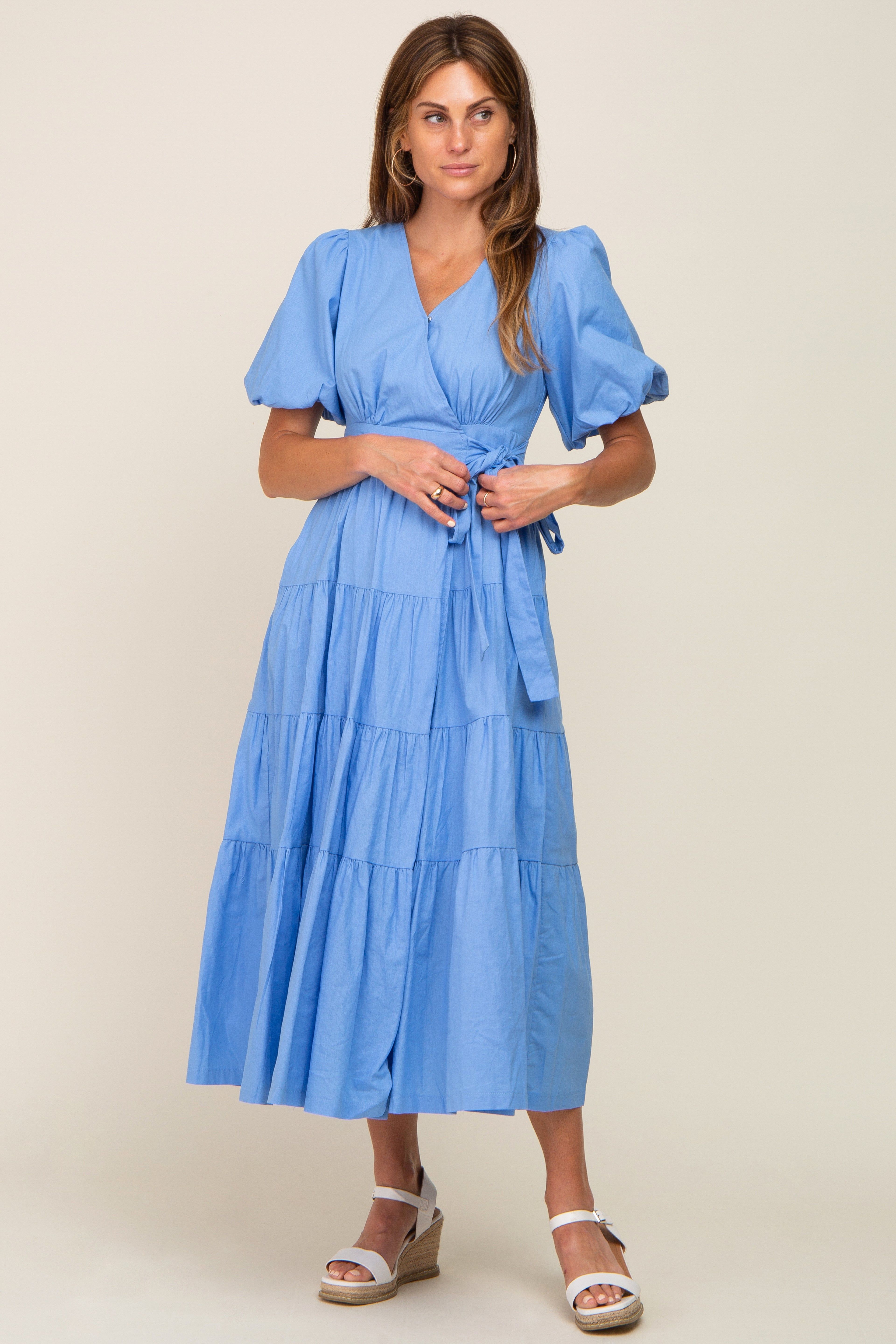 Blue Linen Wrap V-Neck Short Sleeve Tiered Midi Dress sold by Pinkblush product image thumbnail 4