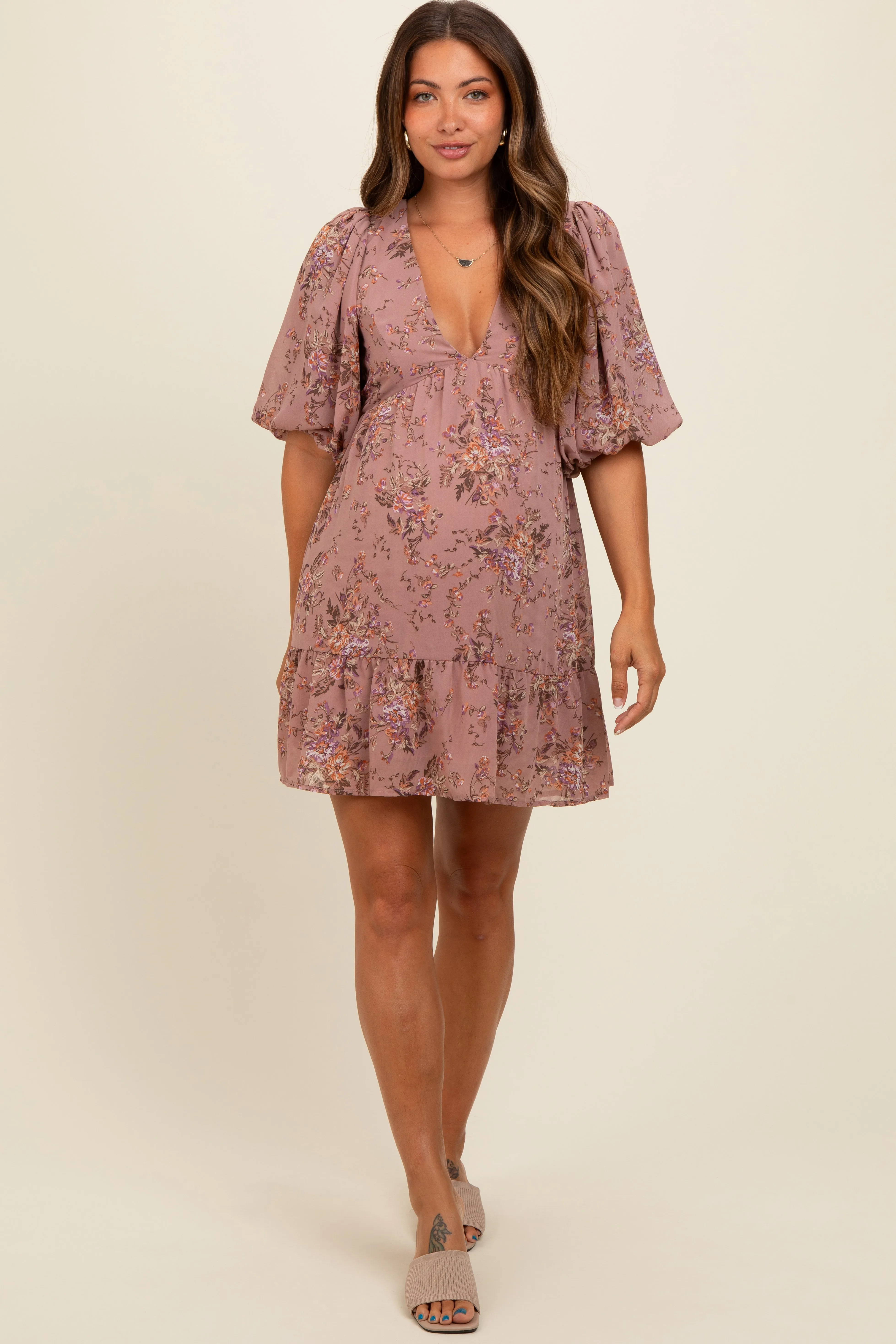 Mauve Deep V-Neck Tie Back Floral Maternity Mini Dress sold by Pinkblush product image thumbnail 4