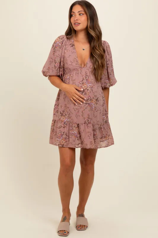 Mauve Deep V-Neck Tie Back Floral Maternity Mini Dress sold by Pinkblush