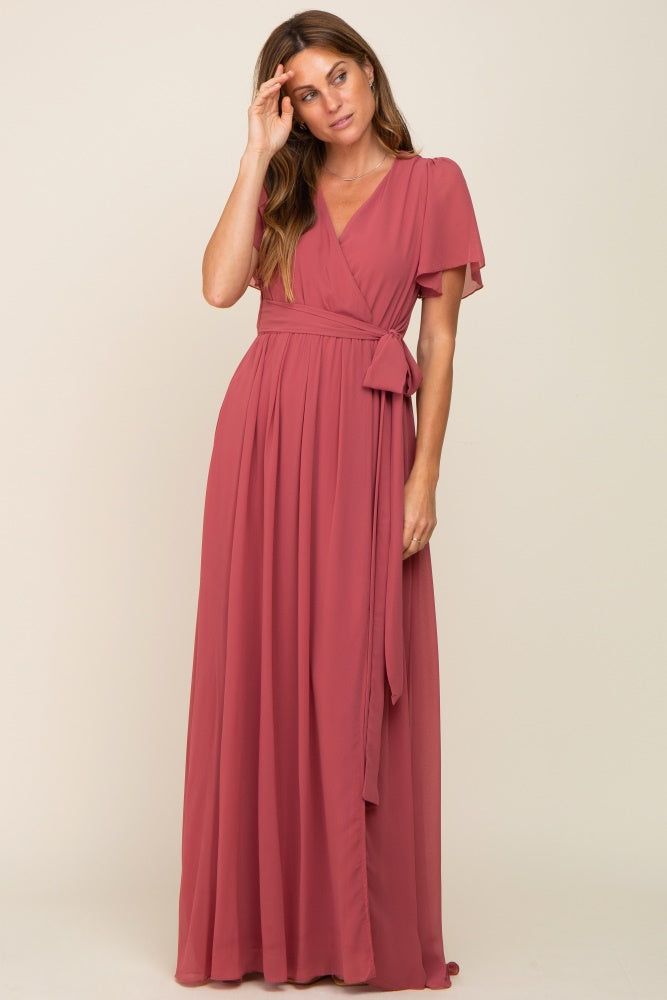 Mauve Chiffon Short Sleeve Wrap V-Neck Front Slit Maxi Dress sold by Pinkblush product image thumbnail 4