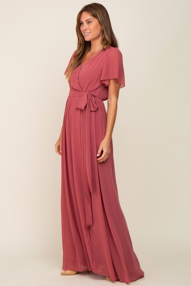 Mauve Chiffon Short Sleeve Wrap V-Neck Front Slit Maxi Dress sold by Pinkblush product image thumbnail 2