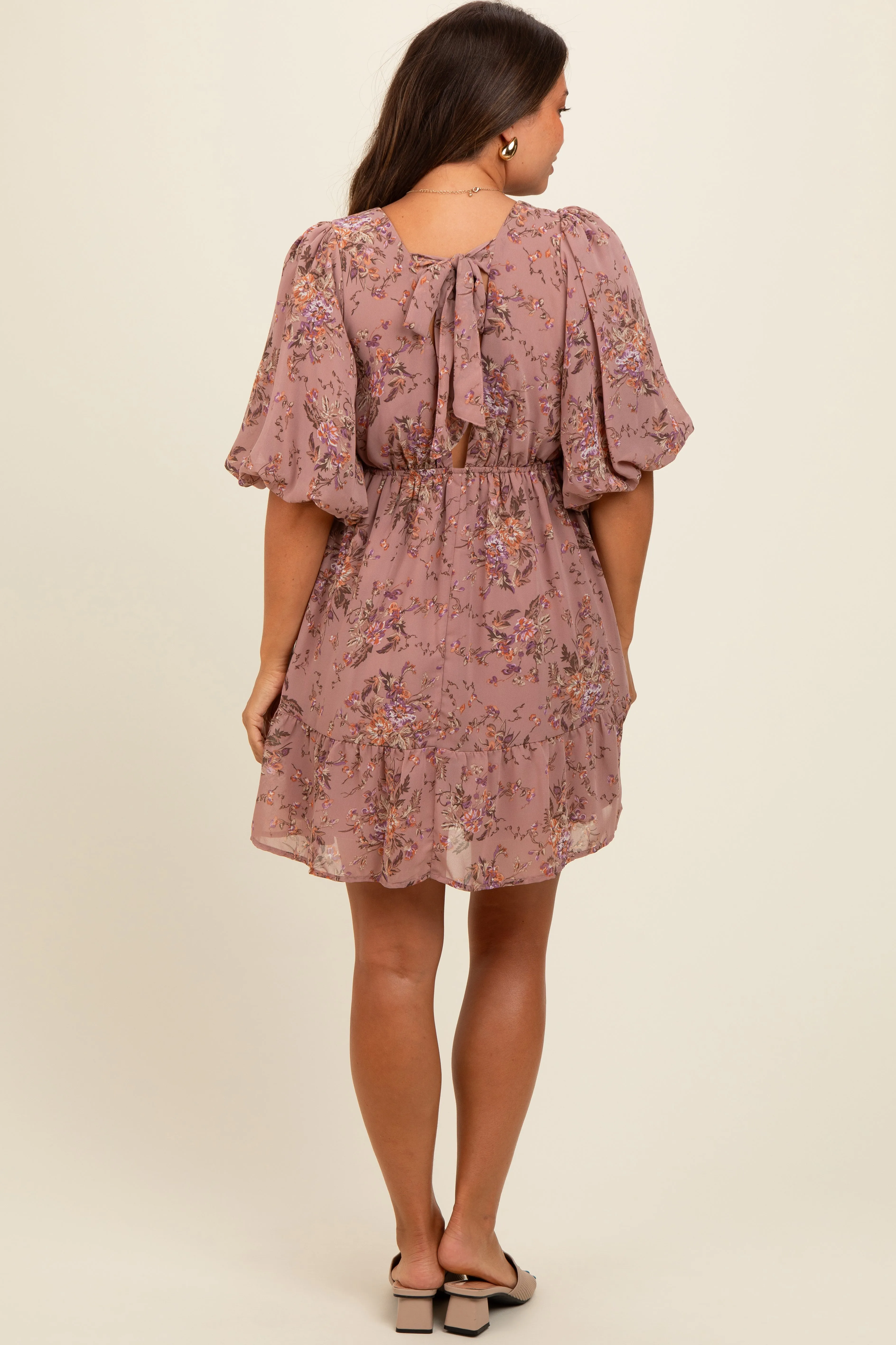 Mauve Deep V-Neck Tie Back Floral Maternity Mini Dress sold by Pinkblush product image thumbnail 3