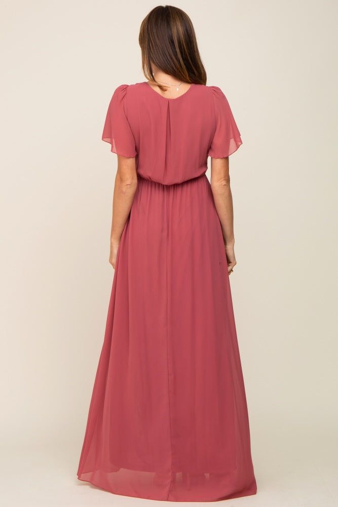 Mauve Chiffon Short Sleeve Wrap V-Neck Front Slit Maxi Dress sold by Pinkblush product image thumbnail 3