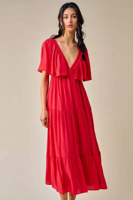 Red Textured Stripe Deep V-Neck Layered Sleeve Maxi Dress sold by Pinkblush