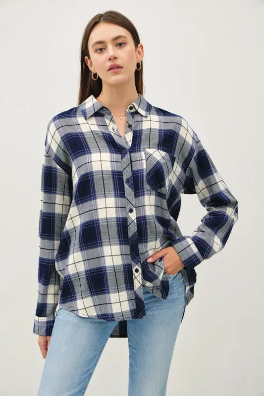 Navy Plaid Flannel Long Sleeve Button Down Shirt sold by Pinkblush