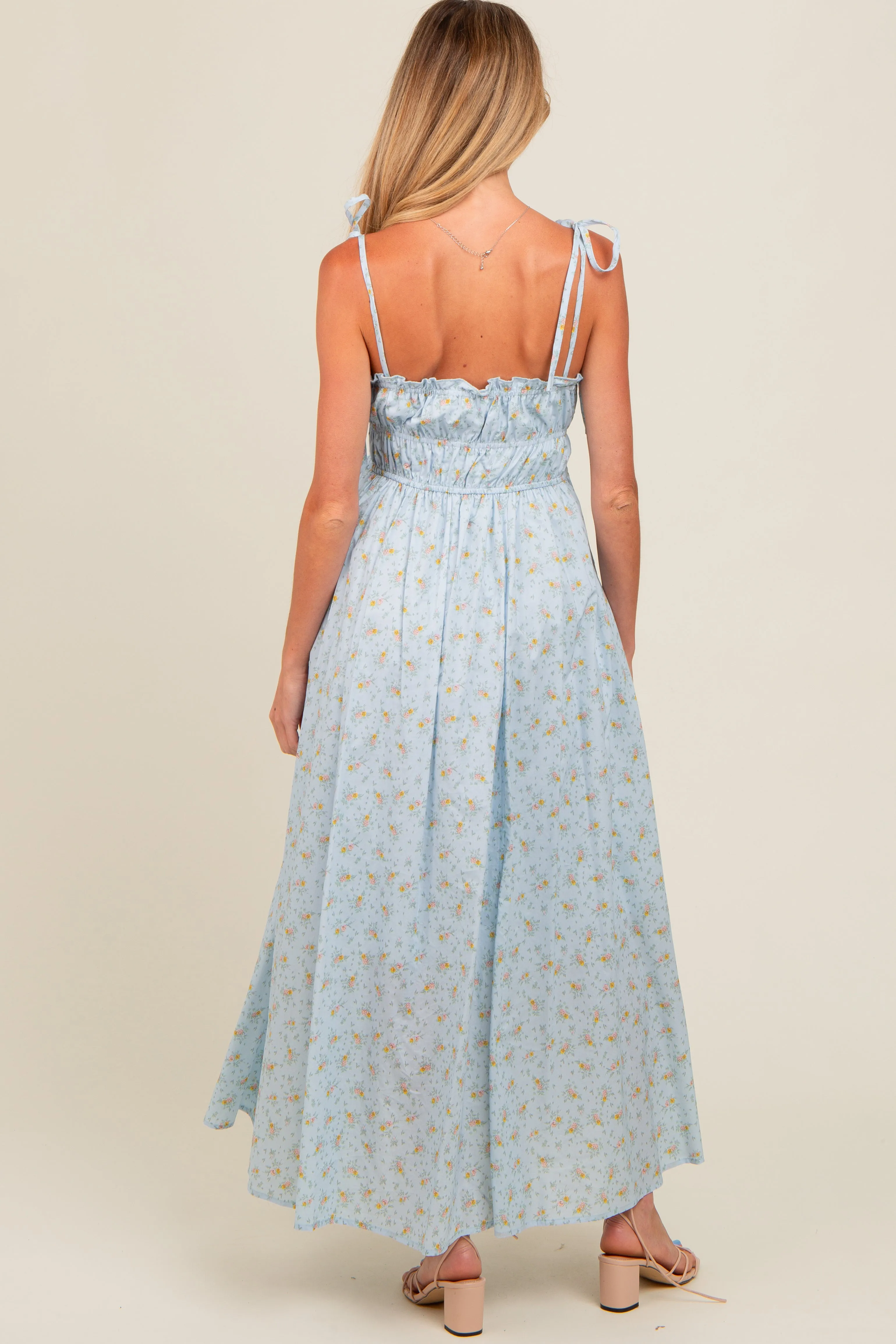 Light Blue Floral Ruched Bust Shoulder Tie Maternity Maxi Dress sold by Pinkblush product image thumbnail 4