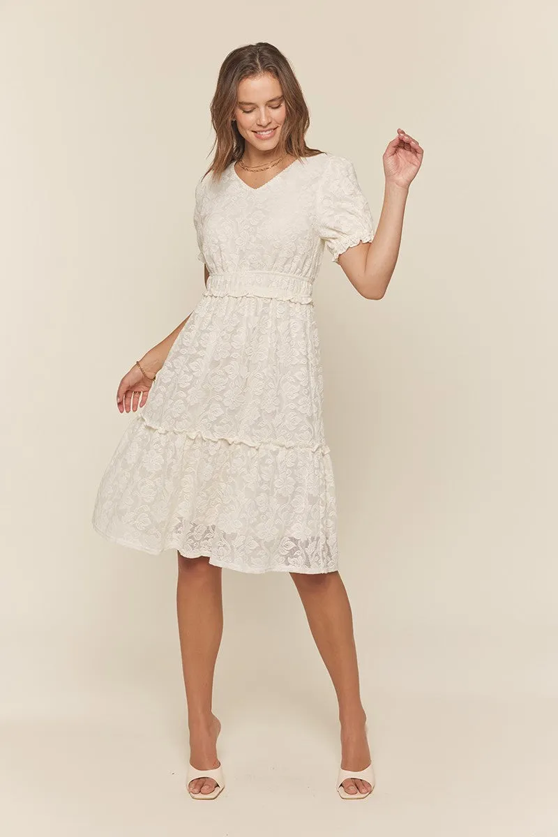 Off White Ruffle Detail Lace Dress sold by Pinkblush