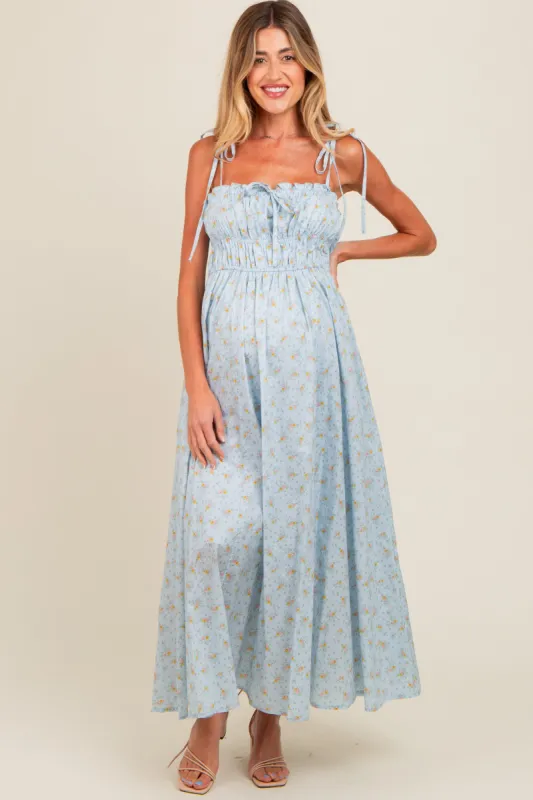 Light Blue Floral Ruched Bust Shoulder Tie Maternity Maxi Dress sold by Pinkblush