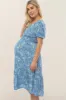 Blue Floral Scoop Neck Bubble Sleeve Maternity Midi Dress sold by Pinkblush