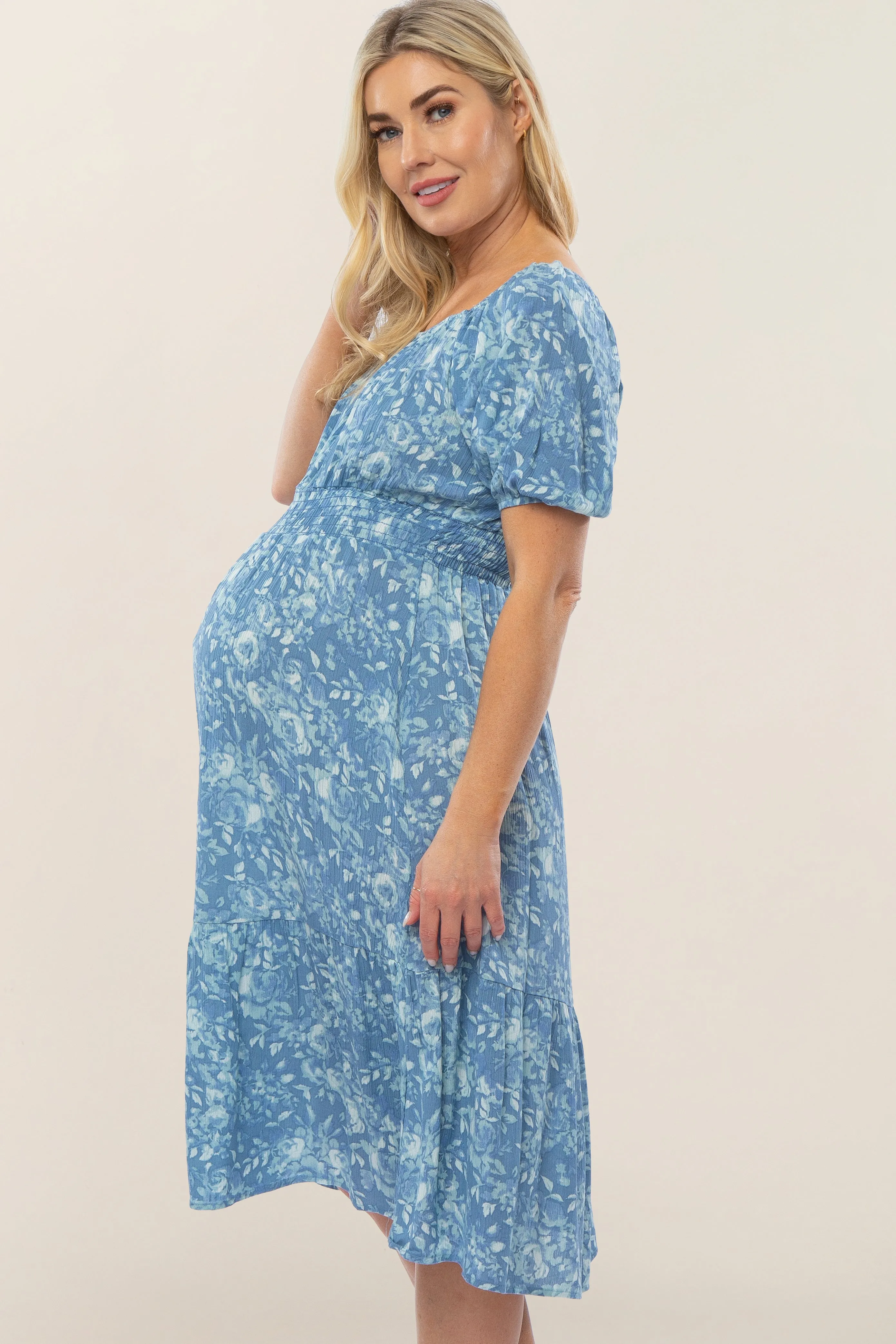 Blue Floral Scoop Neck Bubble Sleeve Maternity Midi Dress sold by Pinkblush product image thumbnail 2