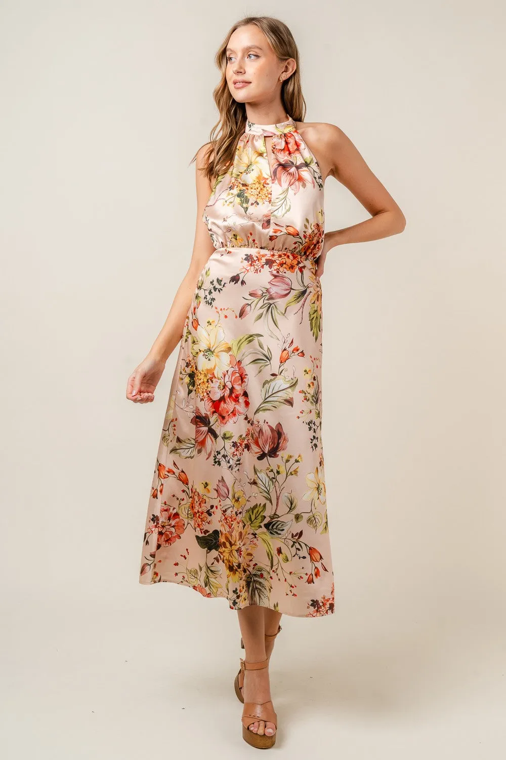 Taupe Floral Print Halter Neck Satin Openback Midi Dress sold by Pinkblush