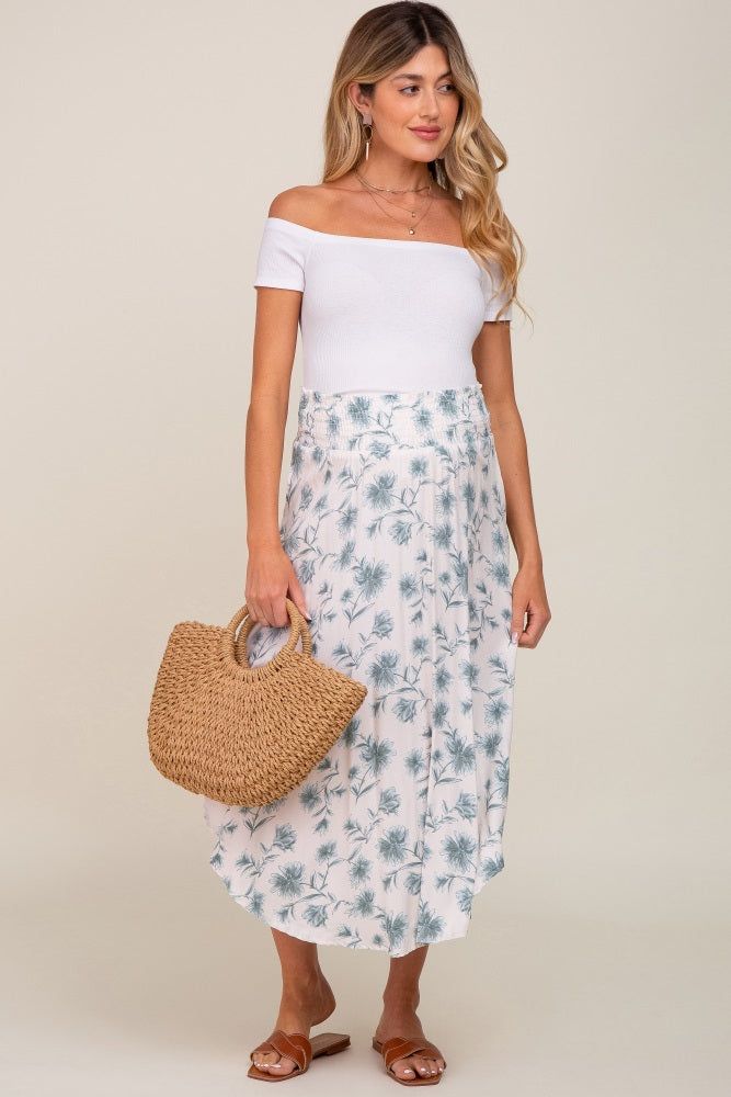 Blue Floral Smocked Waist Round Hem Maternity Midi Skirt sold by Pinkblush product image thumbnail 2