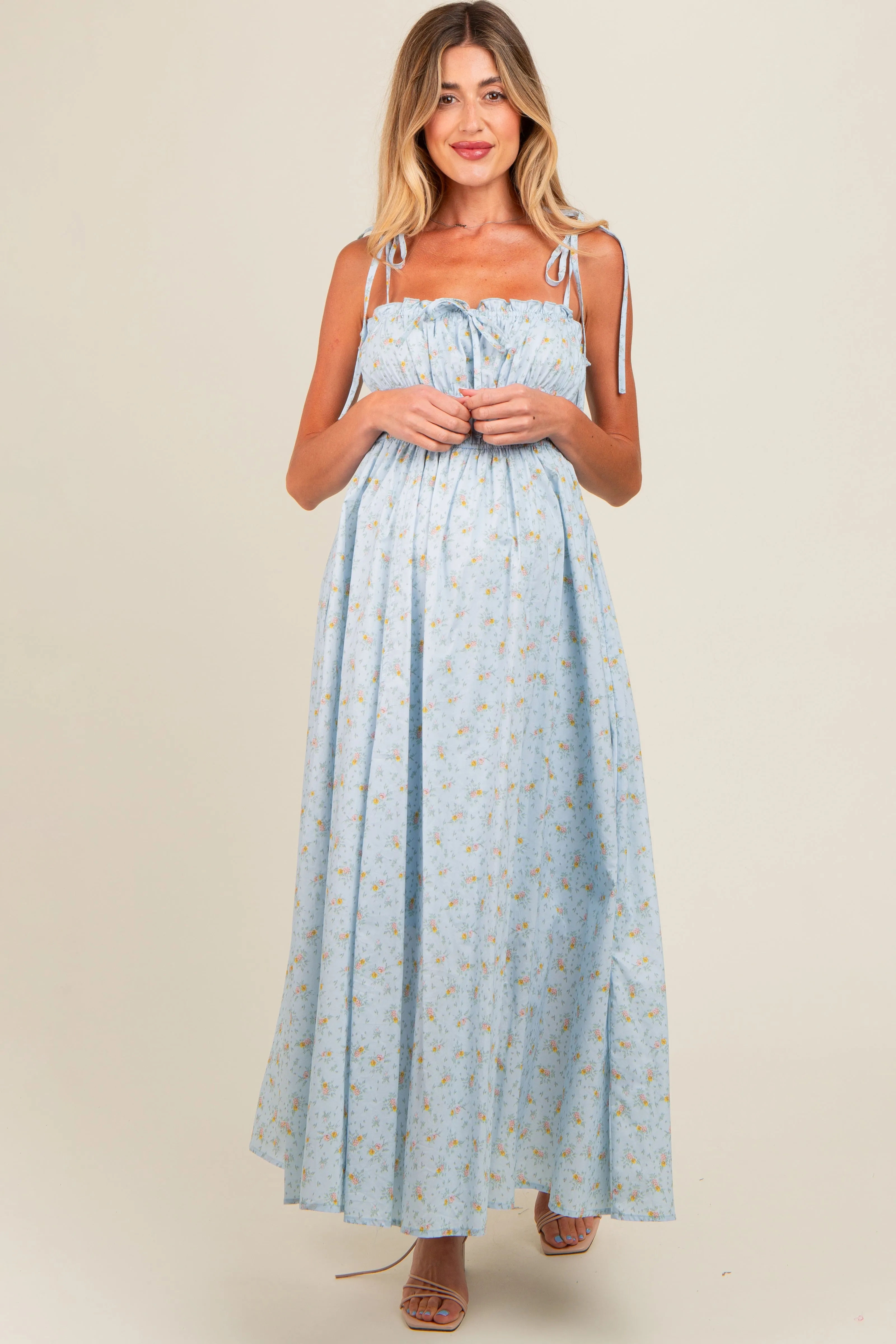 Light Blue Floral Ruched Bust Shoulder Tie Maternity Maxi Dress sold by Pinkblush product image thumbnail 2
