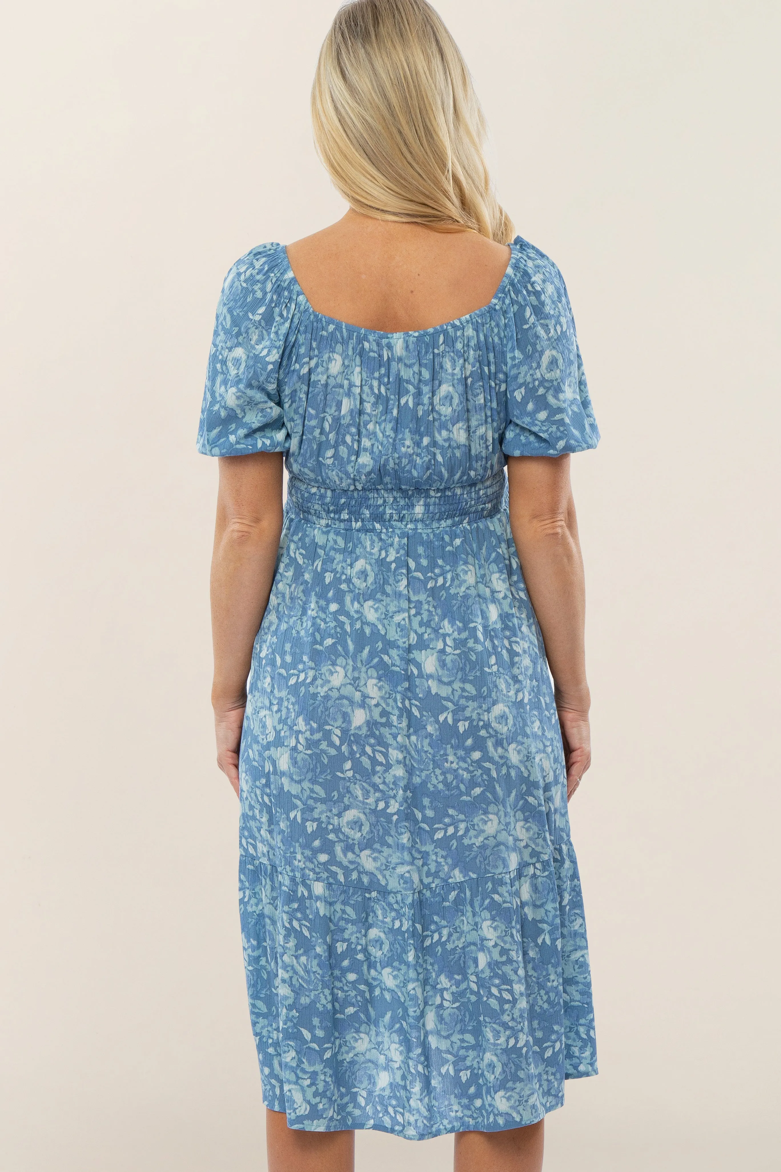 Blue Floral Scoop Neck Bubble Sleeve Maternity Midi Dress sold by Pinkblush product image thumbnail 3