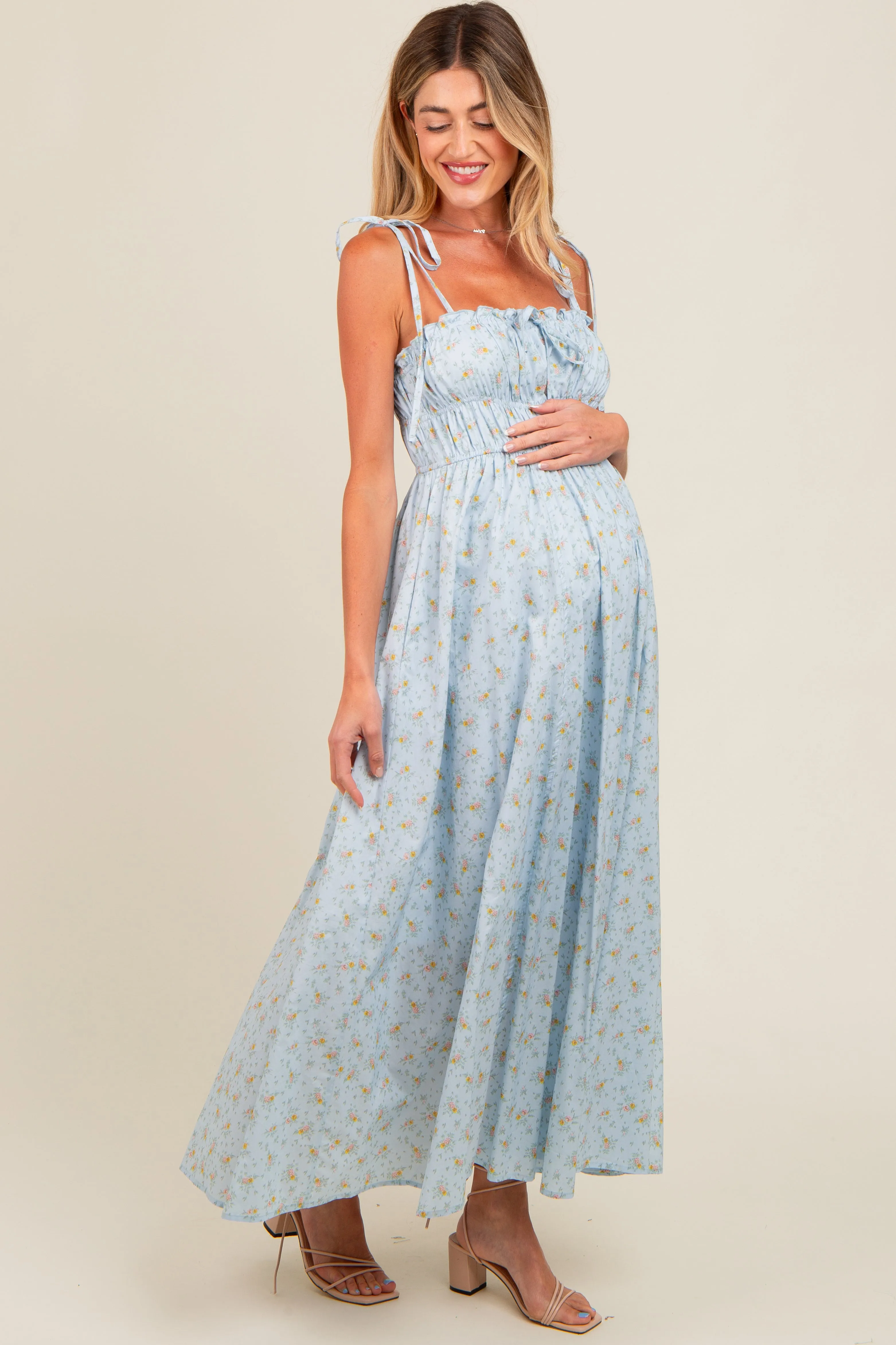 Light Blue Floral Ruched Bust Shoulder Tie Maternity Maxi Dress sold by Pinkblush product image thumbnail 3