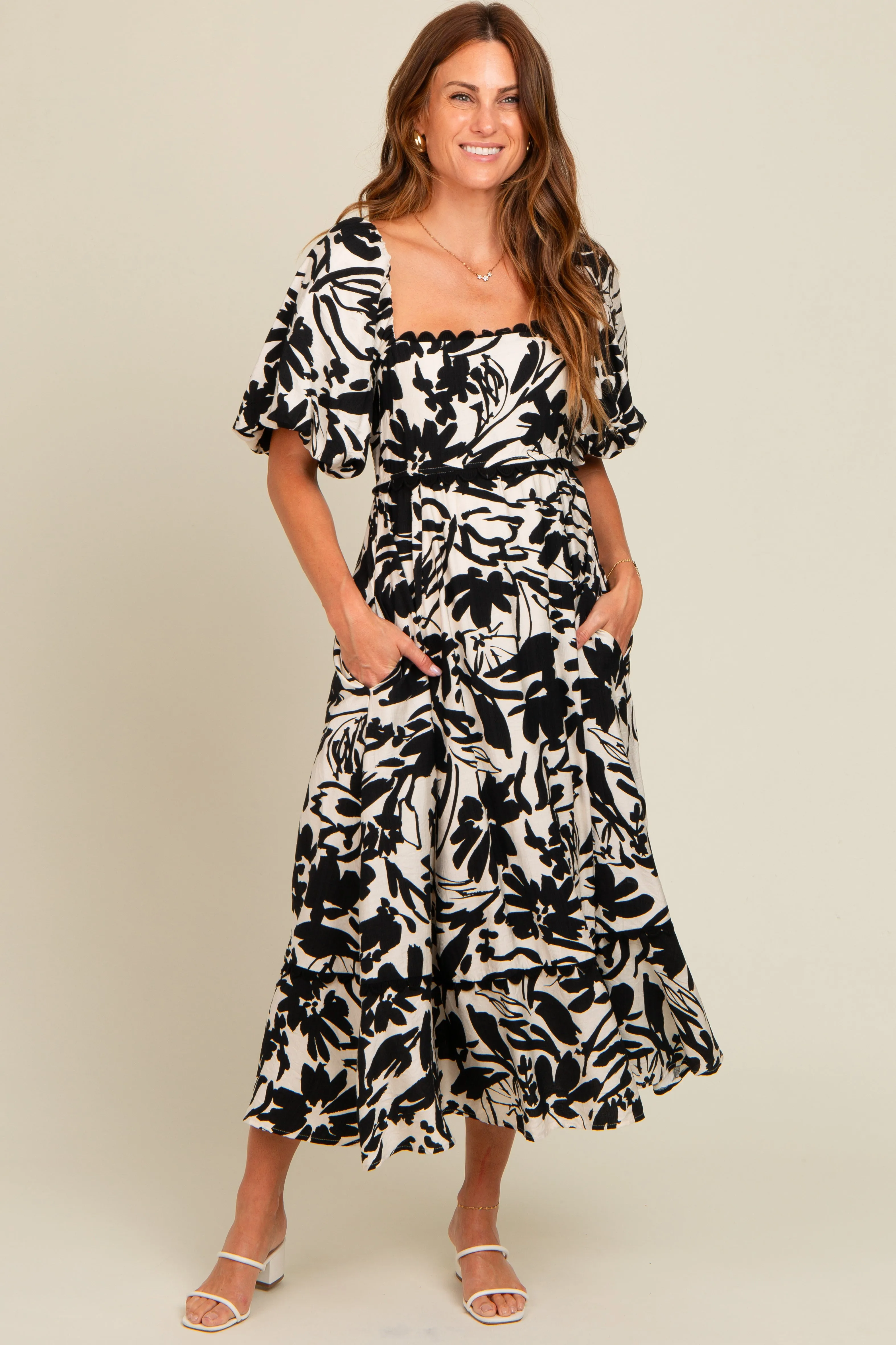 Black Floral Scallop Trim Midi Dress sold by Pinkblush