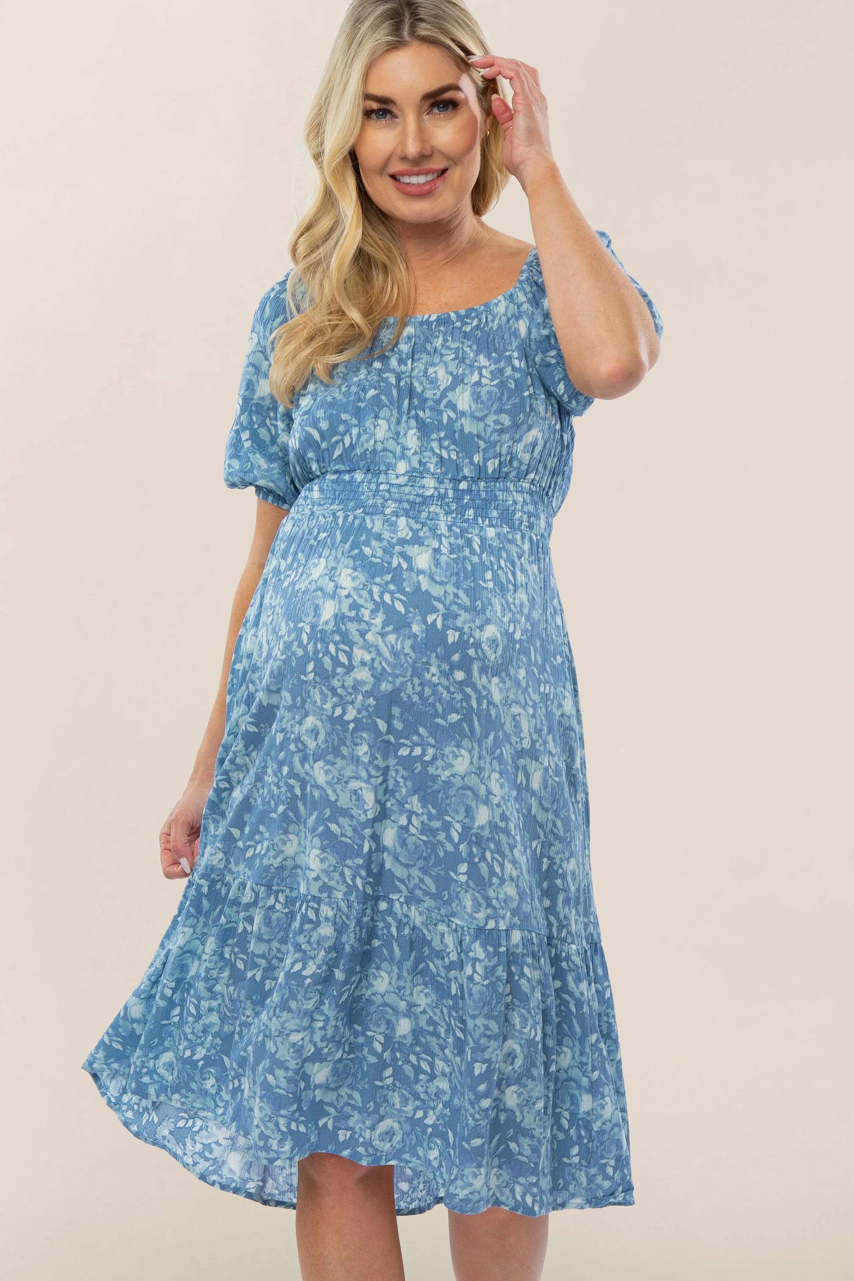 Blue Floral Scoop Neck Bubble Sleeve Maternity Midi Dress sold by Pinkblush