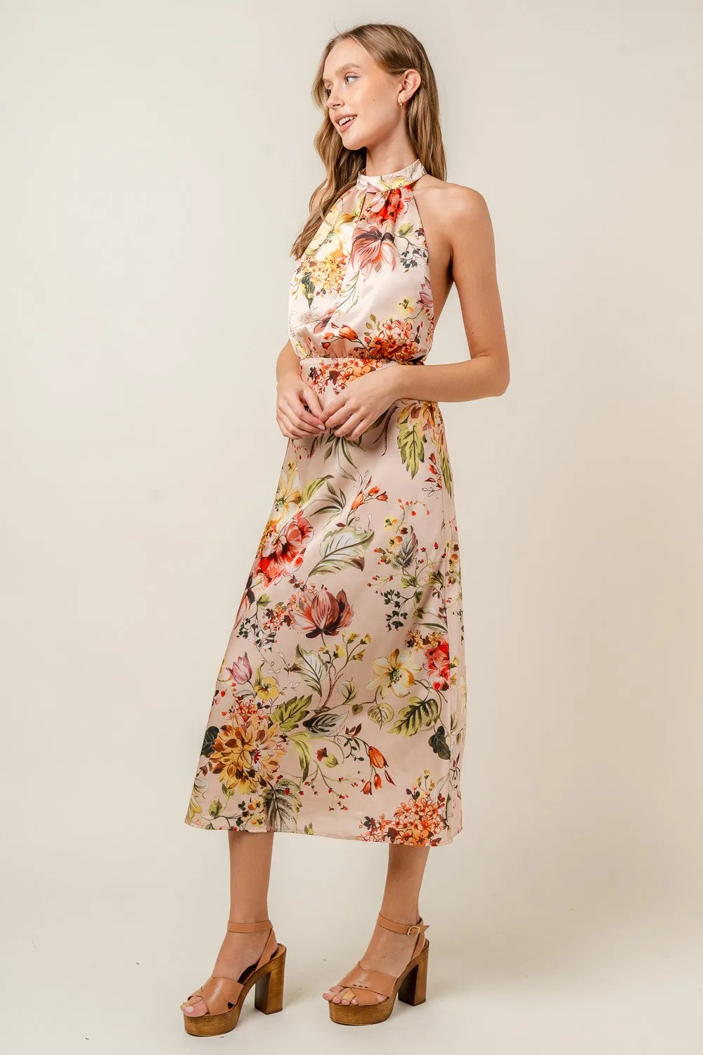 Taupe Floral Print Halter Neck Satin Openback Midi Dress sold by Pinkblush product image thumbnail 4