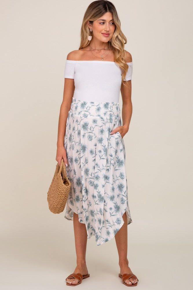 Blue Floral Smocked Waist Round Hem Maternity Midi Skirt sold by Pinkblush