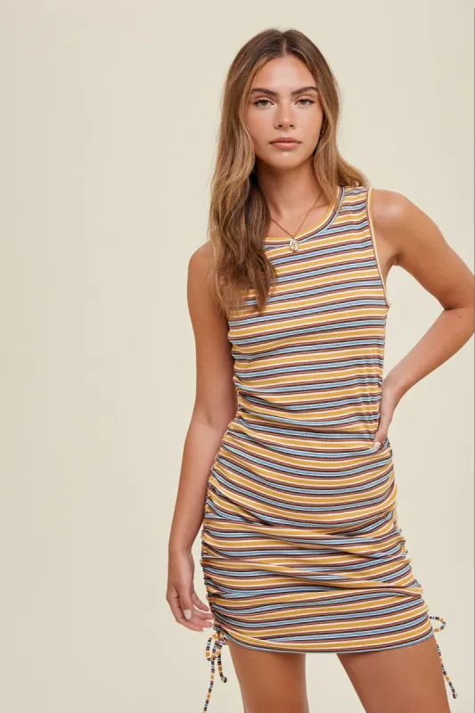 Yellow Multi-Color Striped Ribbed Sleeveless Ruched Dress sold by Pinkblush