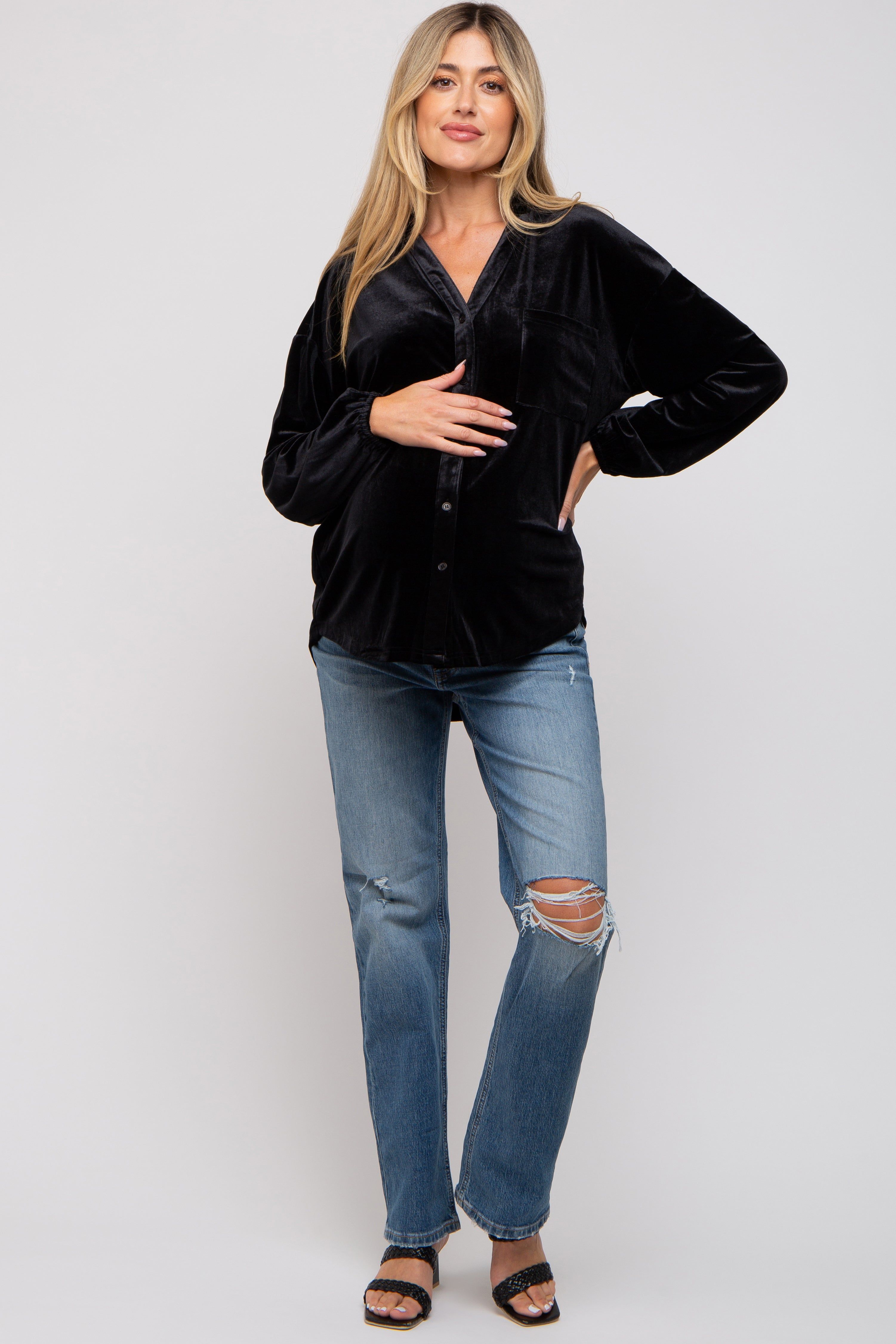 Black Velvet Button Front Collared Maternity Blouse sold by Pinkblush product image thumbnail 5