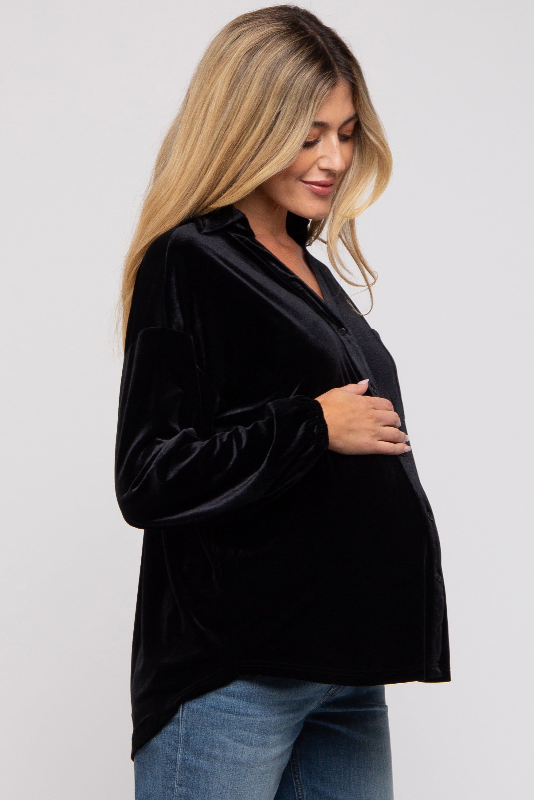Black Velvet Button Front Collared Maternity Blouse sold by Pinkblush product image thumbnail 2