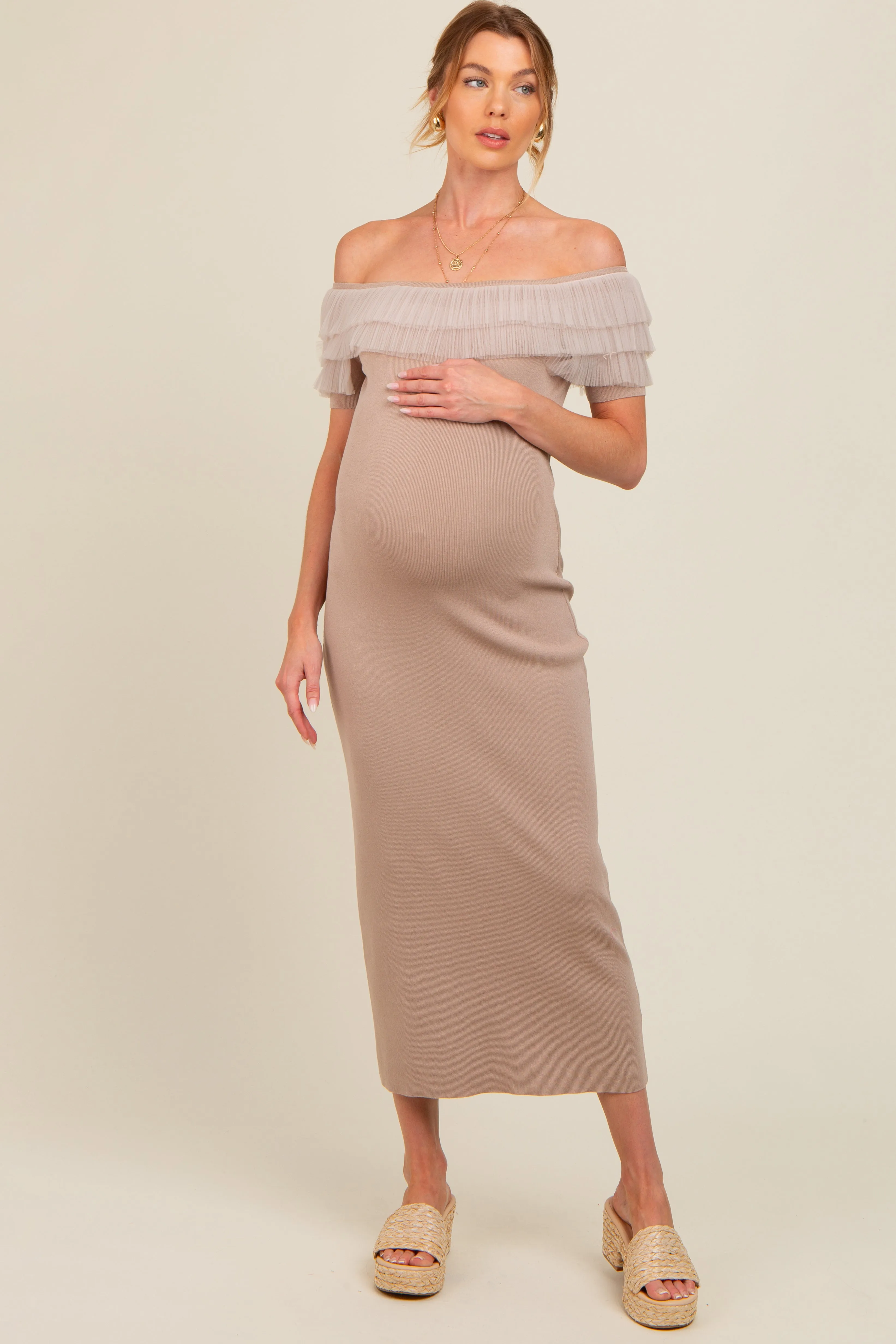 Beige Tulle Ruffle Off Shoulder Sweater Maternity Midi Dress sold by Pinkblush