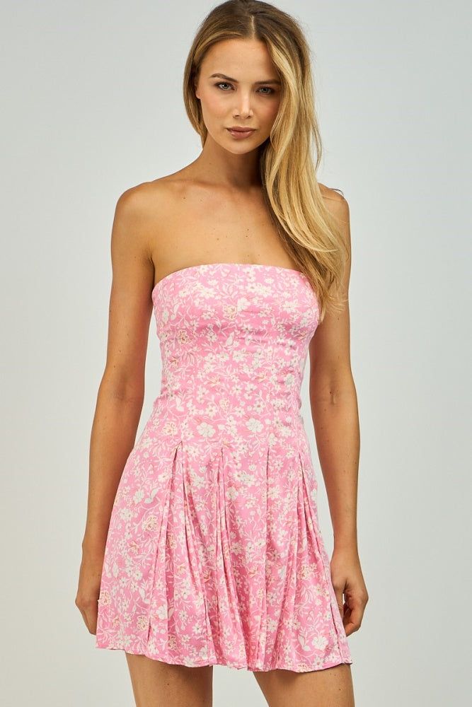 Pink Floral Strapless Pleated Tube Mini Dress sold by Pinkblush