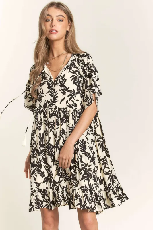 Ivory Button Down Pleated Leaf Print Dress sold by Pinkblush