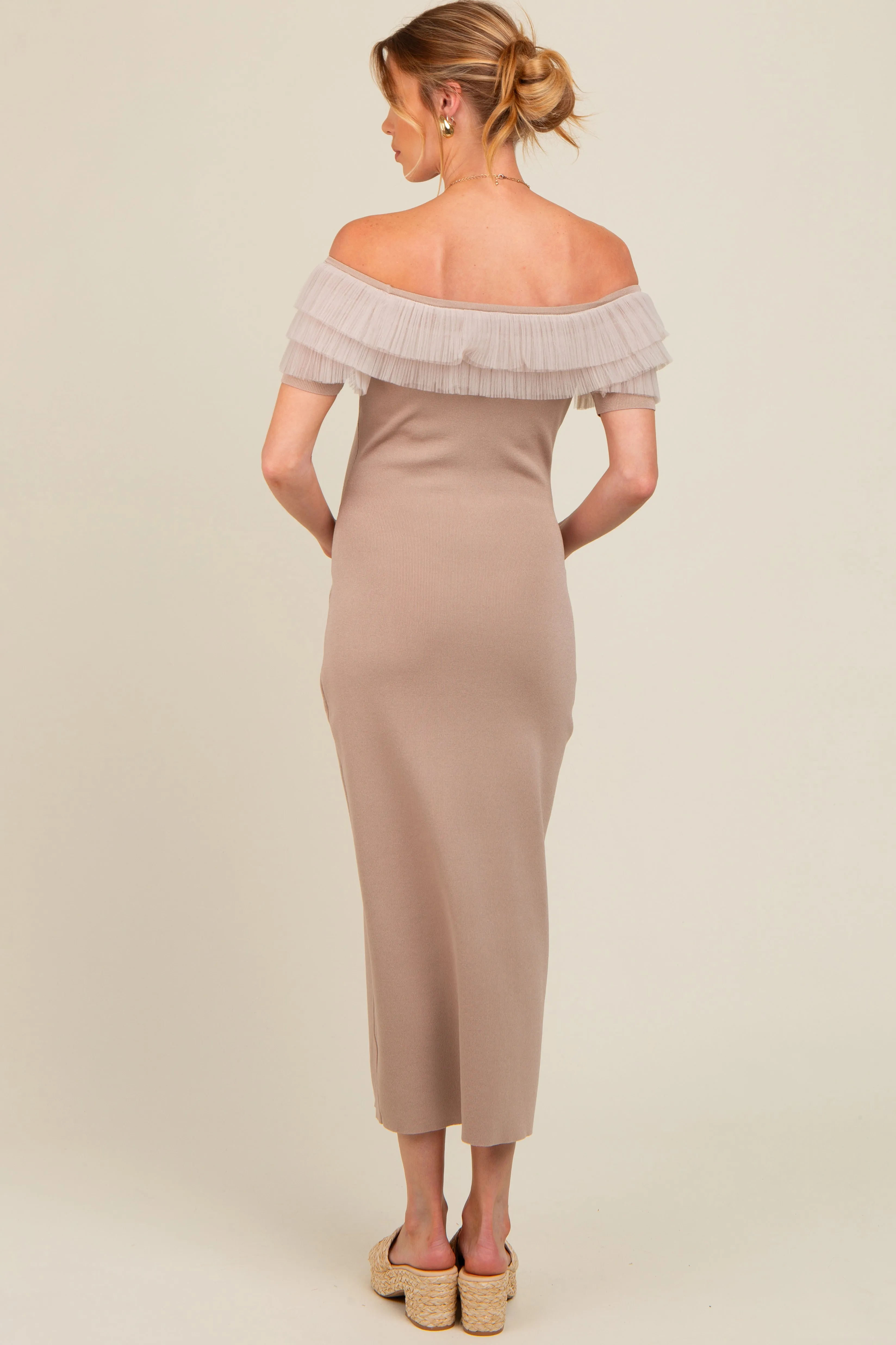 Beige Tulle Ruffle Off Shoulder Sweater Maternity Midi Dress sold by Pinkblush product image thumbnail 2