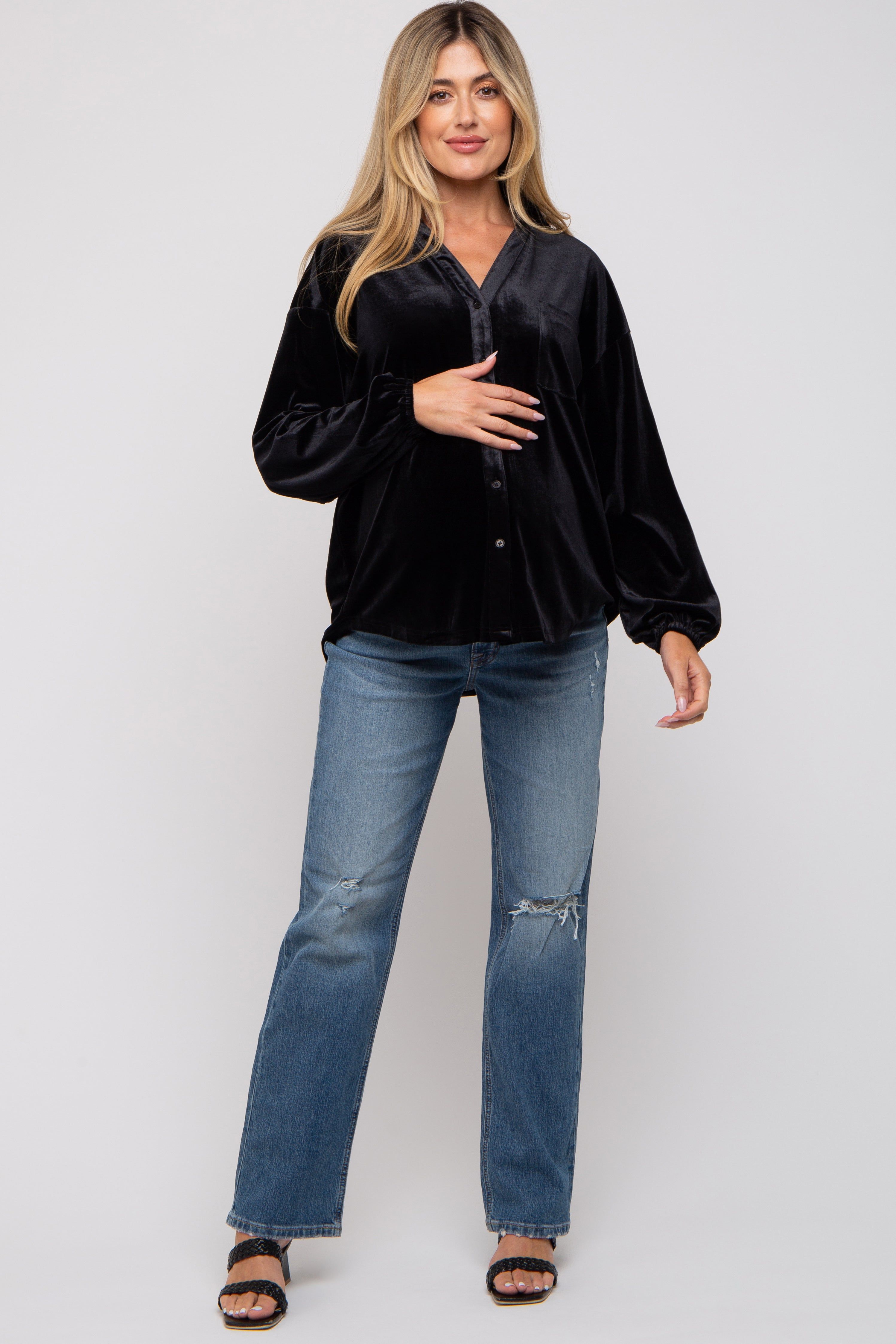 Black Velvet Button Front Collared Maternity Blouse sold by Pinkblush product image thumbnail 4